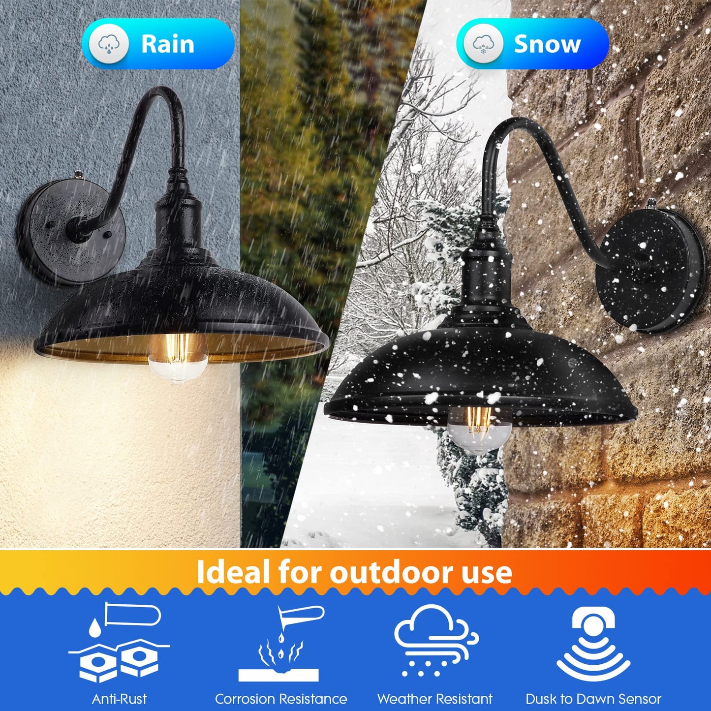 Naurham Dusk to Dawn Exterior Farmhouse Lighting Barn Light Fixture for House with Anti-ponding Bottom, Outdoor Barn Light Gooseneck Lighting for Garage Patio Porch (10.9" Diameter, 1 PC)