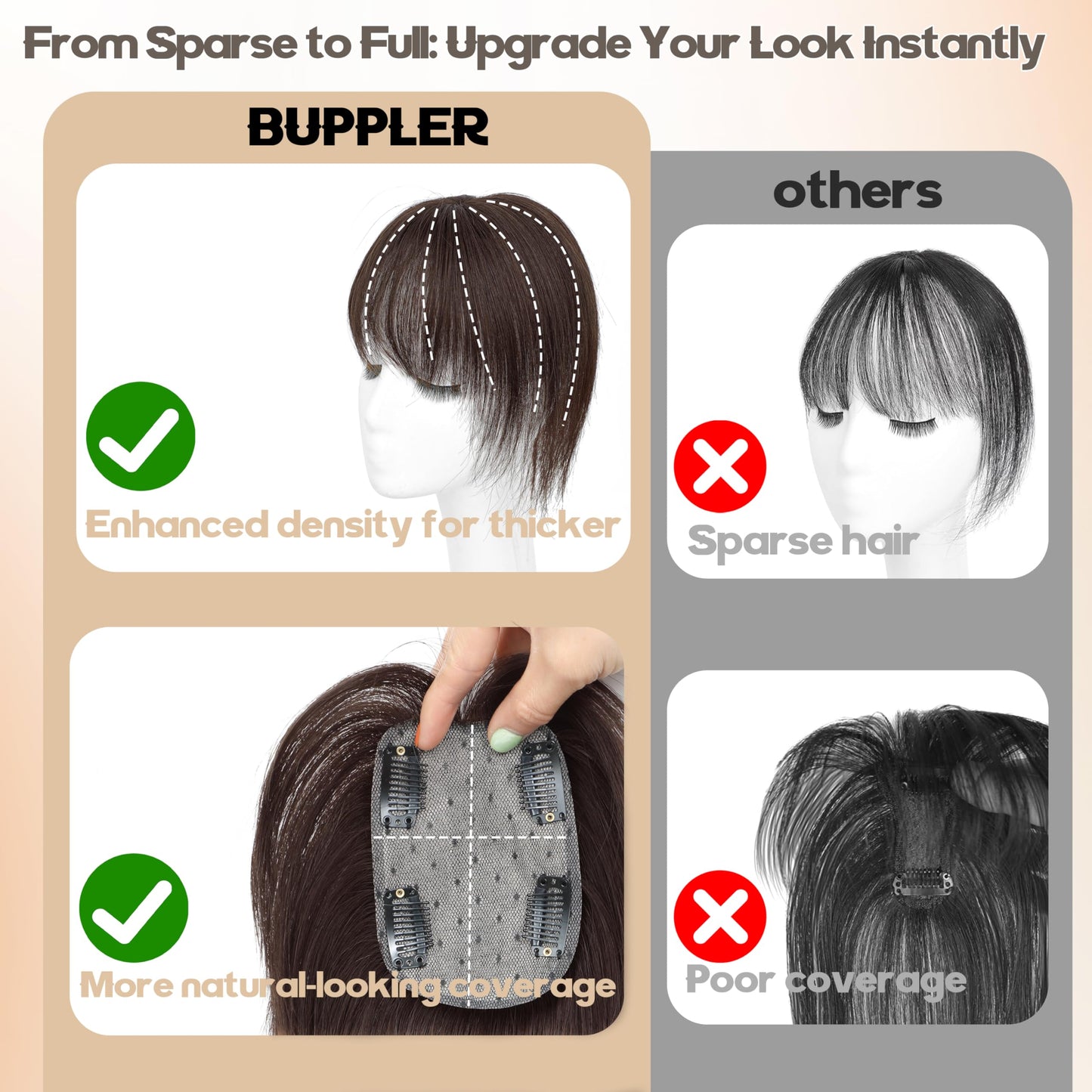 BUPPLER Hair Toppers for Women Real Human Hair-U Shape Toppers Hair Pieces for Women with Thinning Hairr 150% Density Silk Base Clip in Human Topper with Bangs for Daily Use(Dark Brown）