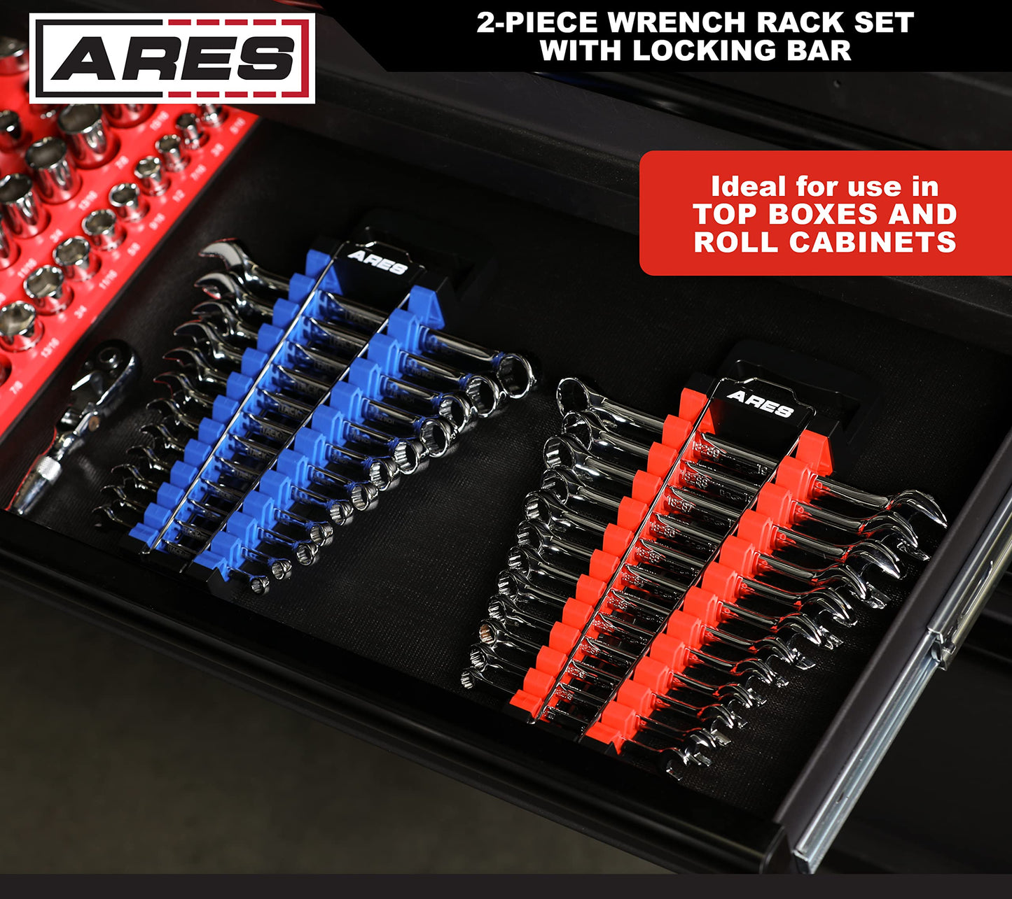 ARES 62043 – 2-Piece Wrench Rack Set with Locking Bar - SAE Rack Holds 1/4-Inch to 1-Inch Sizes - Metric Holds 6 to 25mm Sizes – Locking Metal Clip Secures Wrenches