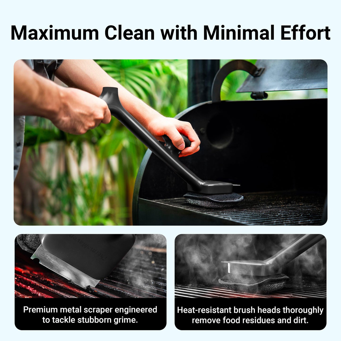 ThermoMaven Bristle Free Grill Brush with 3 Replaceable Heads - Safe Steam Grill Cleaning Tool with Scraper for Charcoal, George Foreman, Weber, Gas and Outdoor Grills, Black