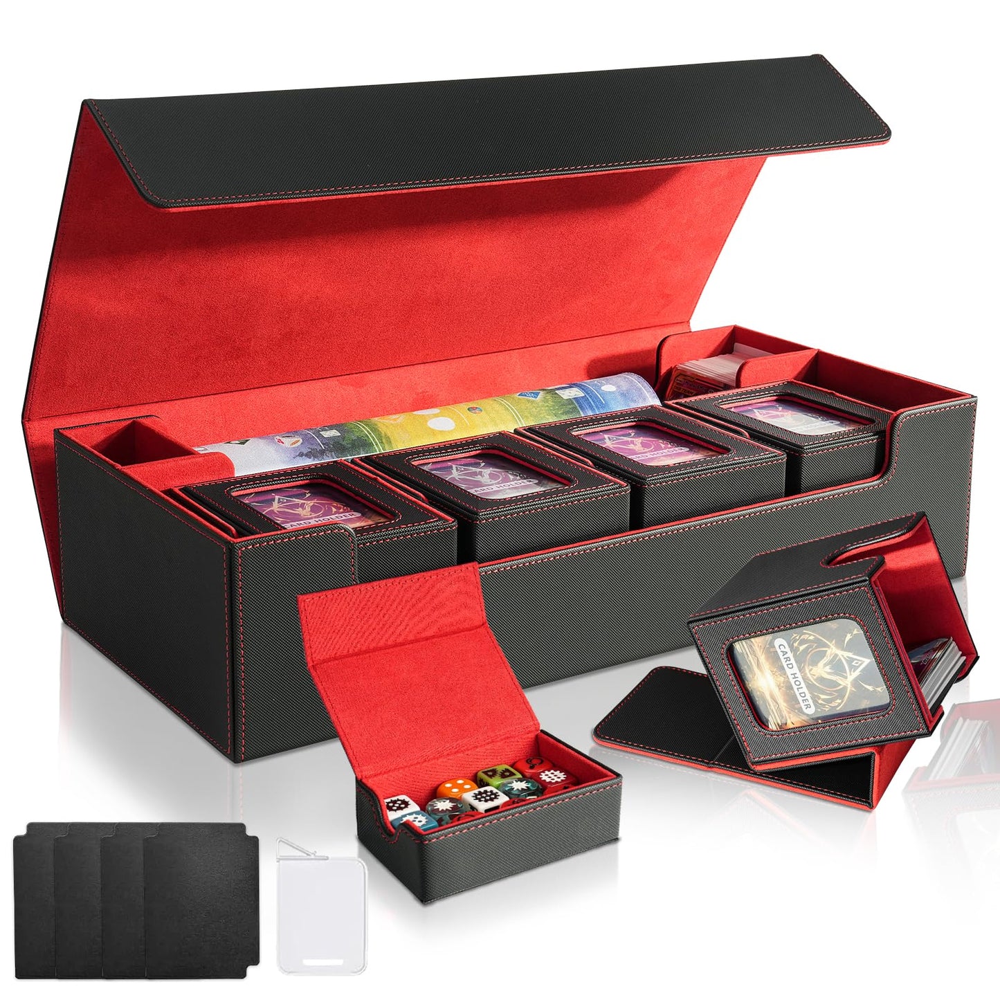 Jaffzora Card Deck Box for MTG Commander, Large 6 in 1 Card Storage Display Case with 5PCS TCG Deck Boxes & Dice Tray, Holds 2400+ Unsleeved Trading Cards (Black&Red Set)