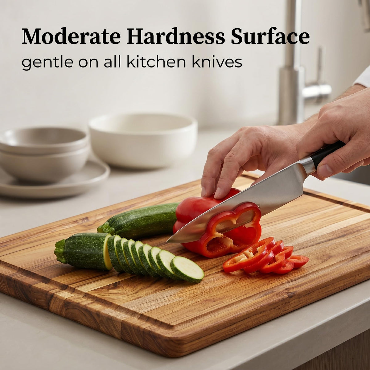 3 Pcs Teak Wood Cutting Board Set with Holder, Reversible Chopping Boards with Deep Juice Groove