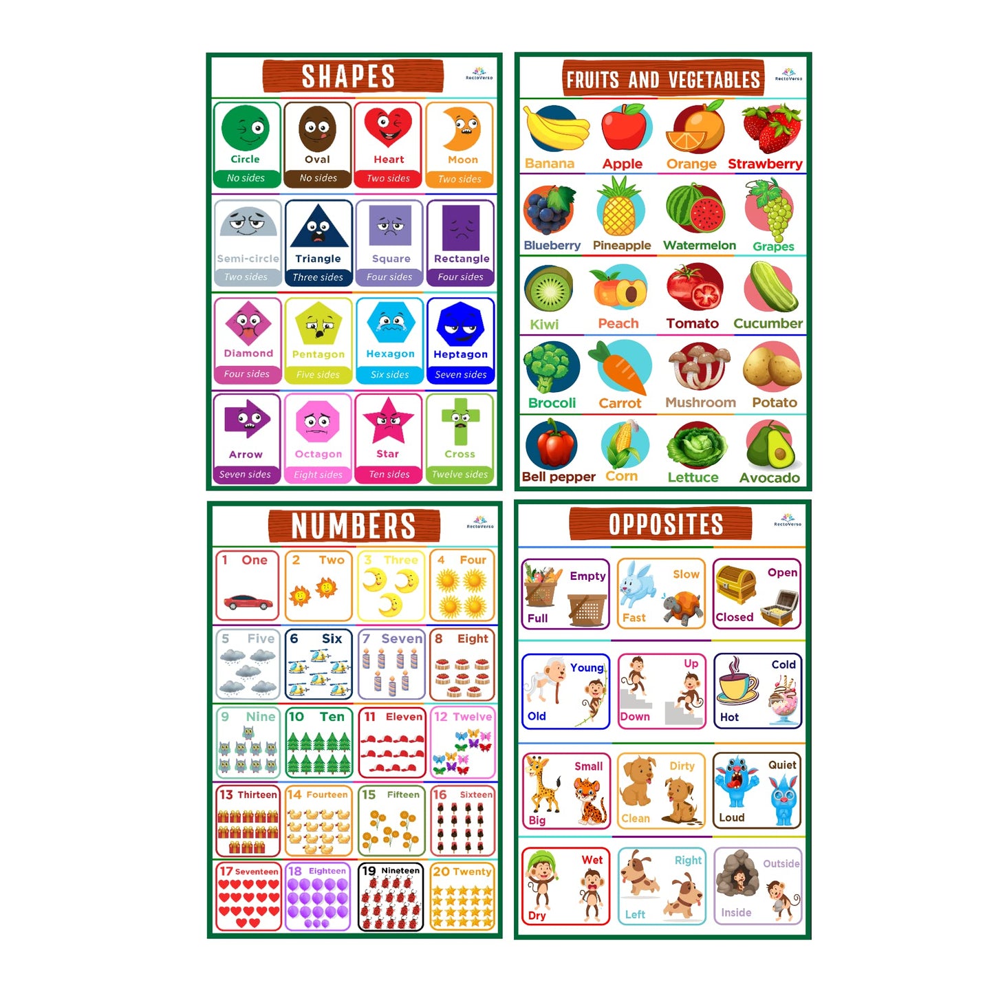 Recto Verso | 18 [36 total] English/French Double-Sided Bilingual Educational Preschool Posters for Toddlers & Kids Kindergarten Classroom Homeschool Learning Tool | Alphabet, Numbers & more