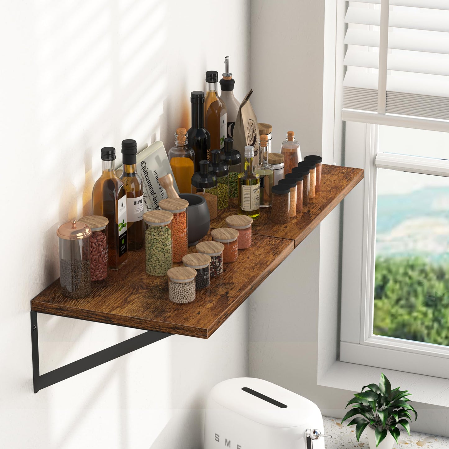 Rustic Brown Floating Shelves for Wall, 16W x 12D Inch Wood Wall Shelves Set of 2, Wide Floating Bookshelf for Living Room, Kitchen, Office, Bedroom Storage & Decoration with Metal Bracket