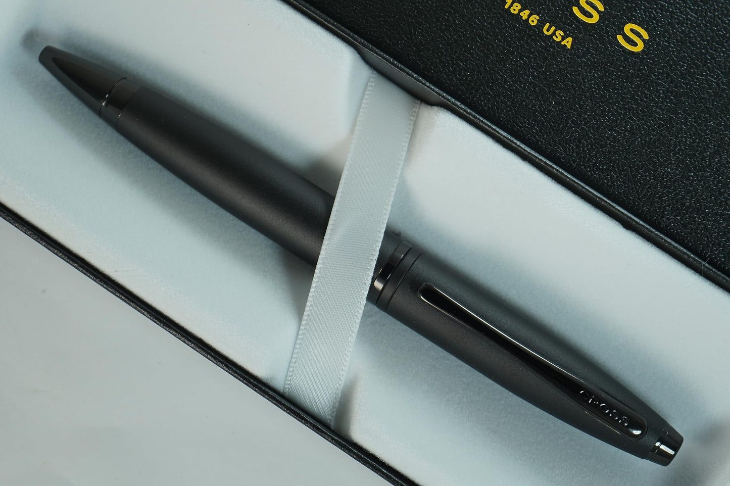 Cross Calais Refillable Ballpoint Pen signature mid band, Medium Point, Includes Gift Box - Matte Black Barrel and PVD Appointments.