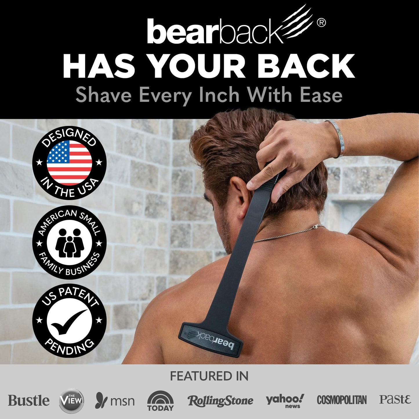 Bearback Back Shaver for Men – DIY Razor with Pivoting Triple Blades & Folding Handle – Wet or Dry Back & Body Hair Removal