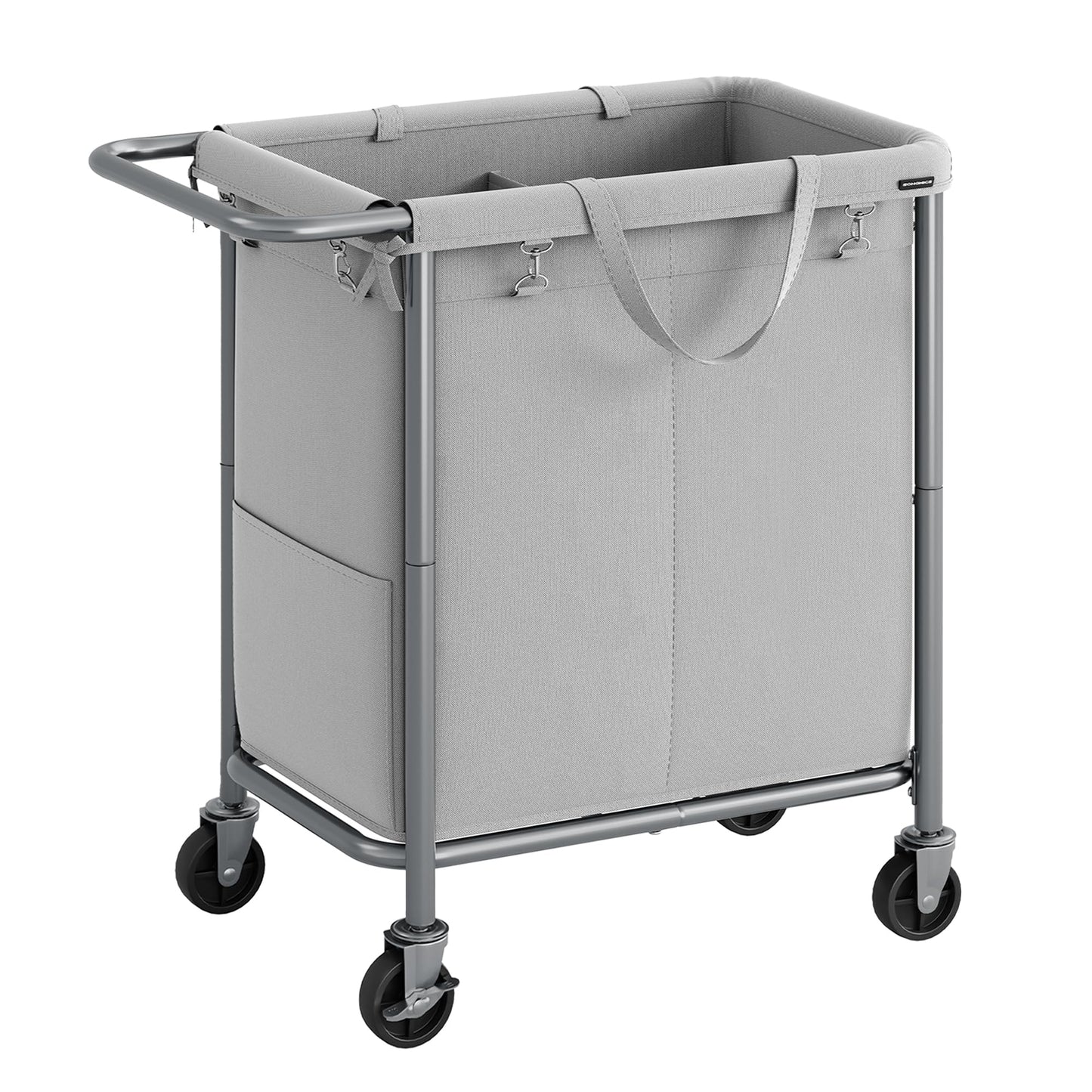 SONGMICS Laundry Basket with Wheels, 2-Section Rolling Laundry Hamper, 37 Gallons (140 L), Removable Liner, Steel Frame with Handle, 69 x 39 x 81 cm, Dove Gray URLS004G01