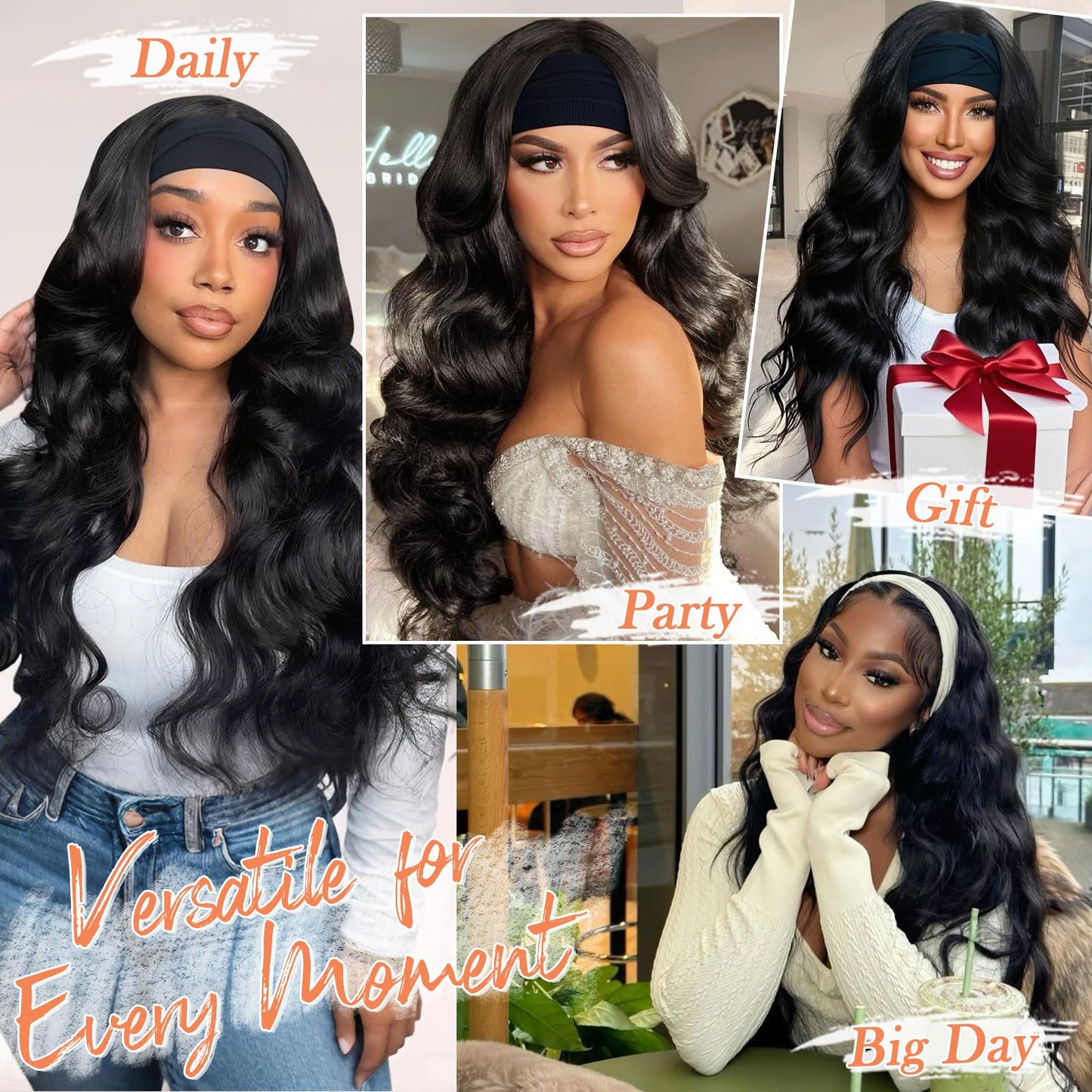 BARSDAR Dark Brown Wavy Headband Wig - 26 Inch Long Loose Body Wavy Synthetic Headband Wig for Women - Wear and Go Glueless Wig Soft Lightweight Natural Looking Easy Wear Head Band Wigs