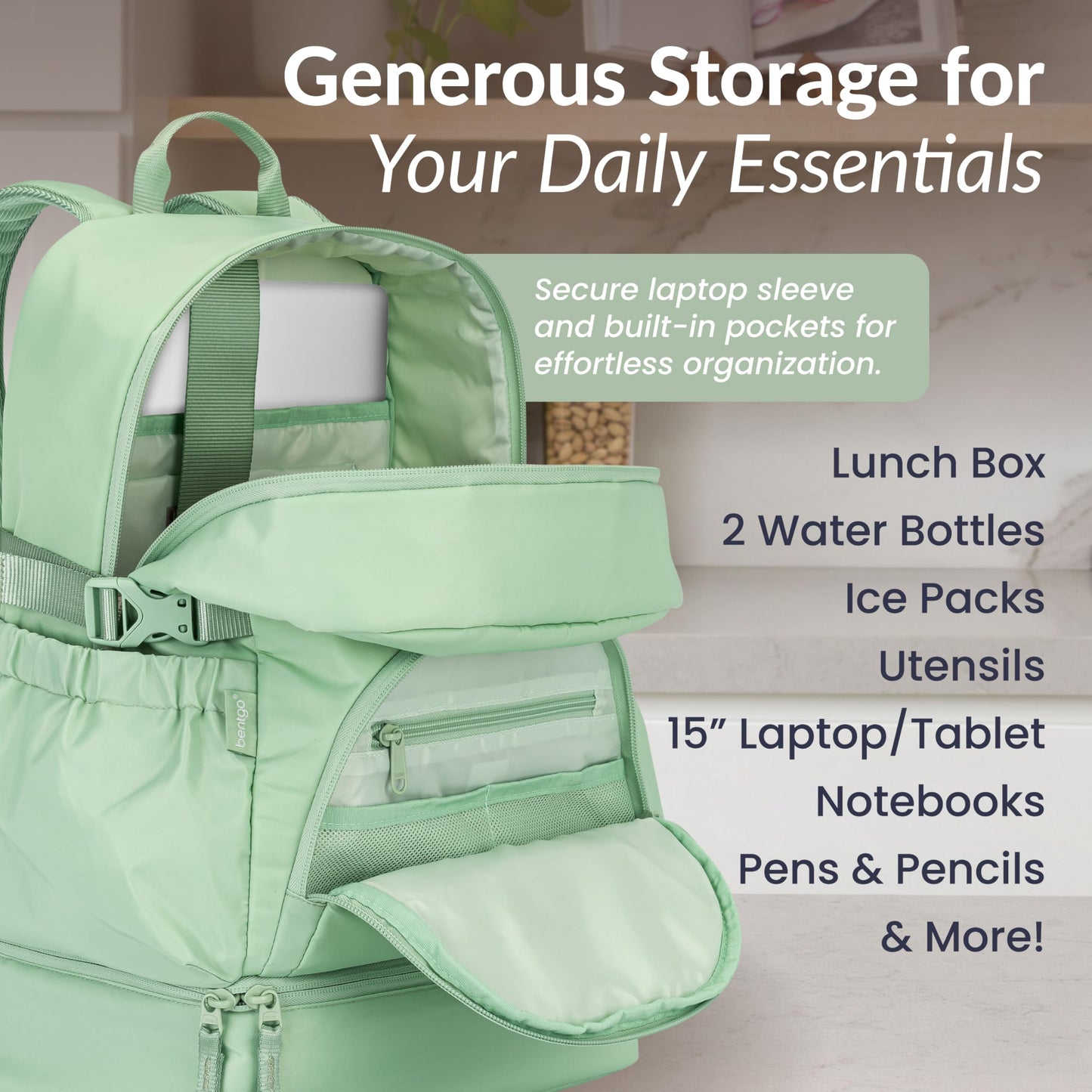 Bentgo® 2-in-1 Adult Backpack & Insulated Lunch Bag – Lightweight, Water-Resistant Travel Backpack with 9 Compartments, Laptop Sleeve & Trolley Sleeve for Work & Everyday Use (Clay Green)