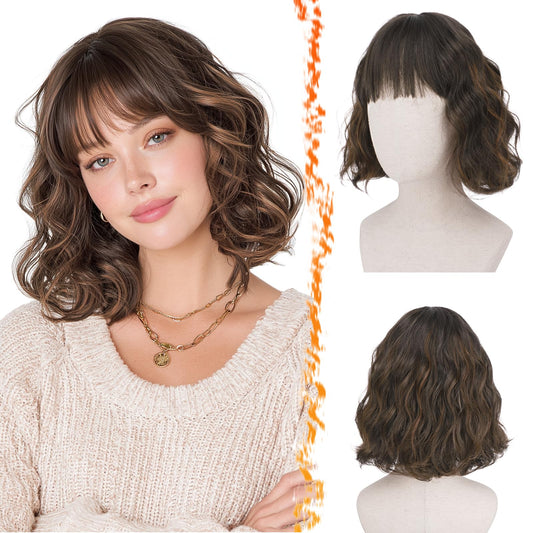 BARSDAR Short Wavy Mix Brown Wig with Bangs - Short Mix Brown Bob Wigs for Women - Curly Wavy Textured French Bob Wig with Bangs Soft Synthetic Natural Looking Face-Framing Daily Party