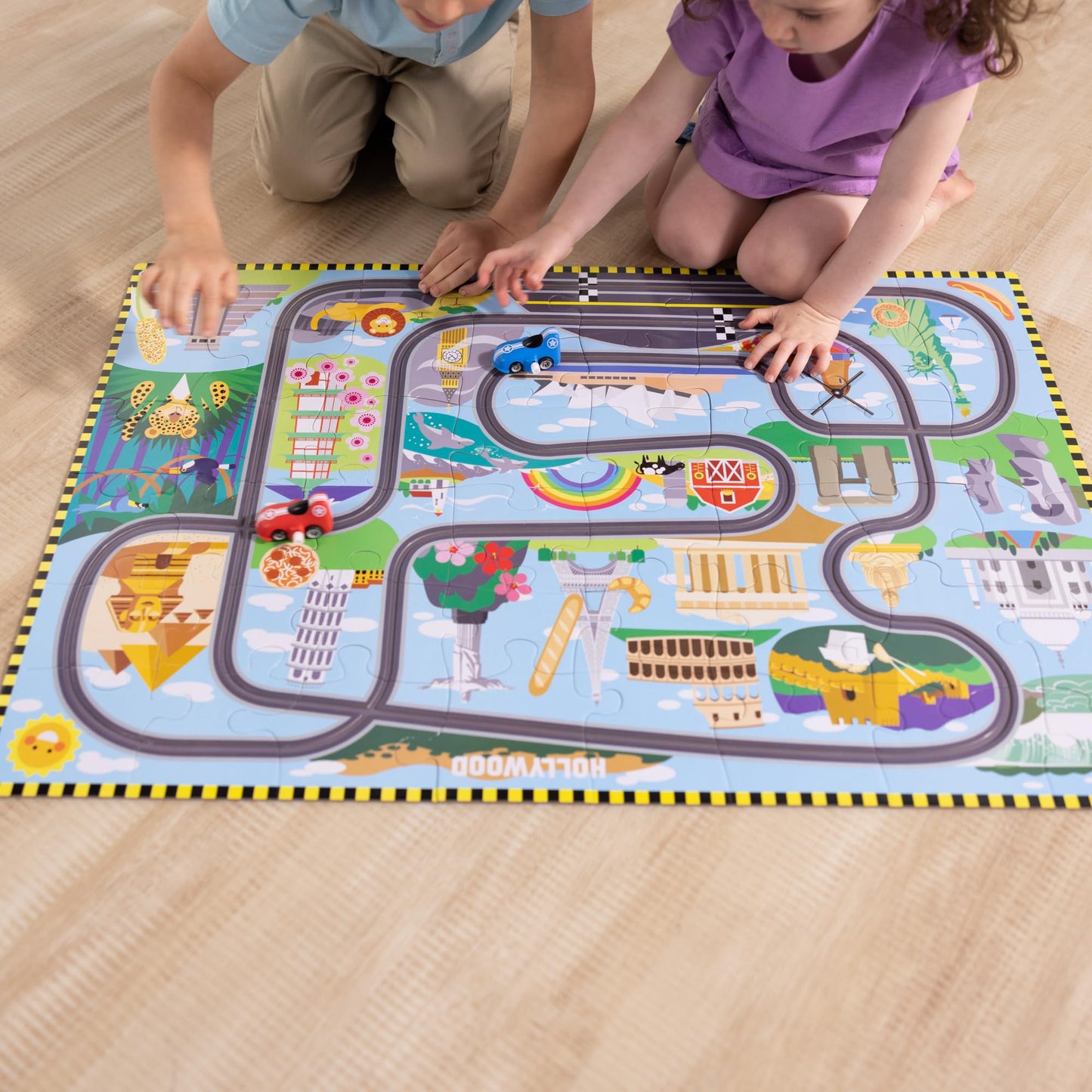 Melissa & Doug Race Around the World Tracks Cardboard Jigsaw Floor Puzzle and Wind-Up Vehicles (48 Pcs) for Preschoolers and Kids Ages 4+ - FSC Certified