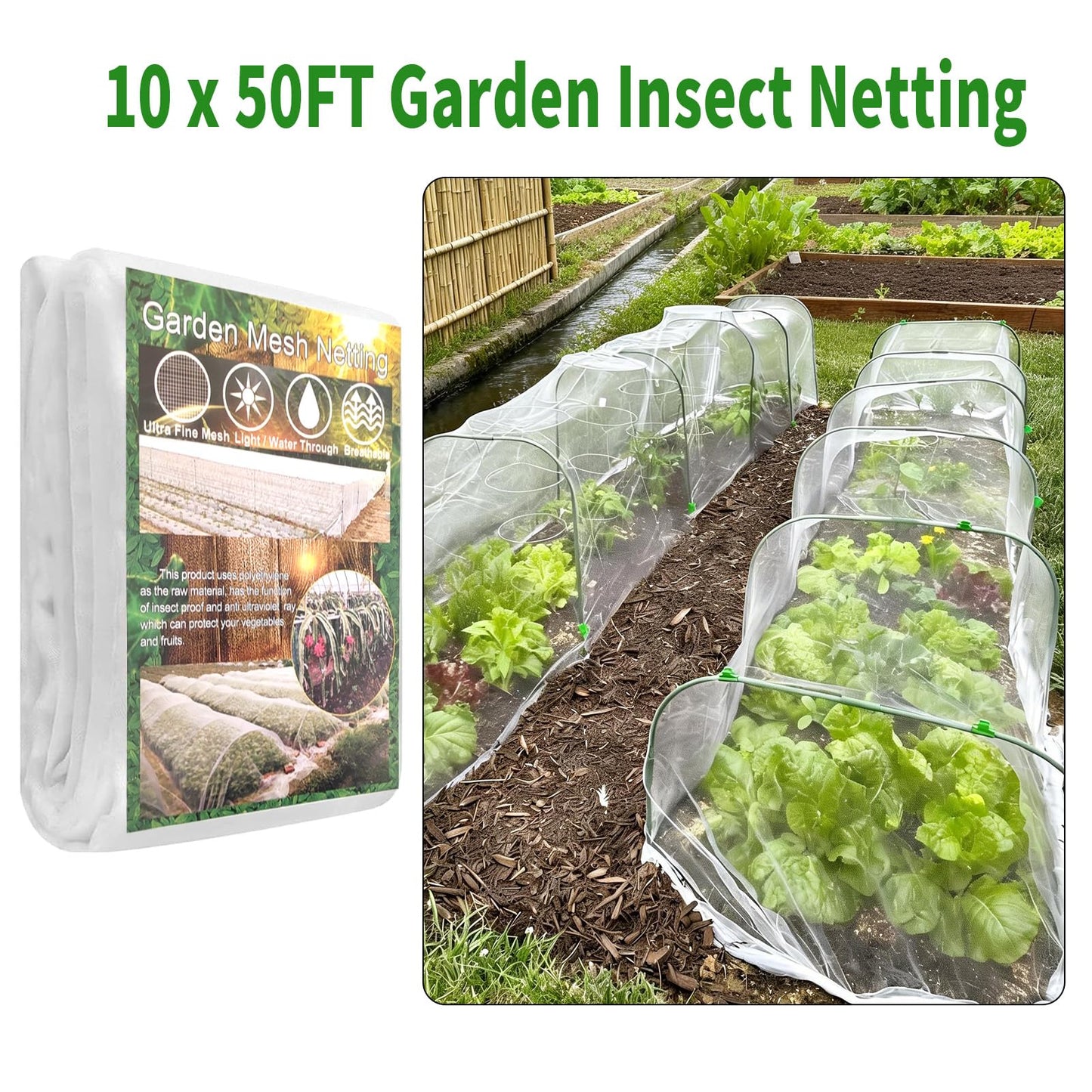 Garden Insect Mesh Netting Kit with Hoops – 10 x 50FT Insect Netting, 6 Sets Garden Hoops, 16 Clips & 10 Pegs Stakes with Washers for Vegetables, Plants & Raised Beds