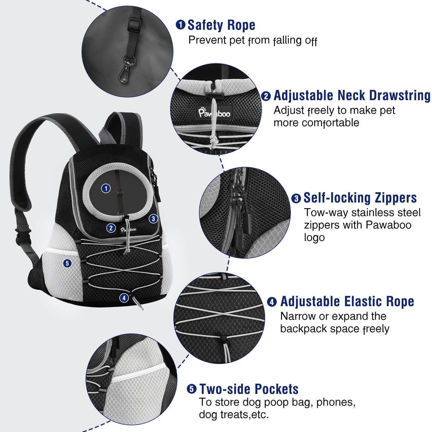 Pawaboo Pet Dog Carrier Backpack, Puppy Dog Travel Front Carrier for Small Medium Dogs Cats, Adjustable Breathable Dog Carrying Backpack with Safety Strips for Hiking, Walking (Black S Up to 5 lbs)