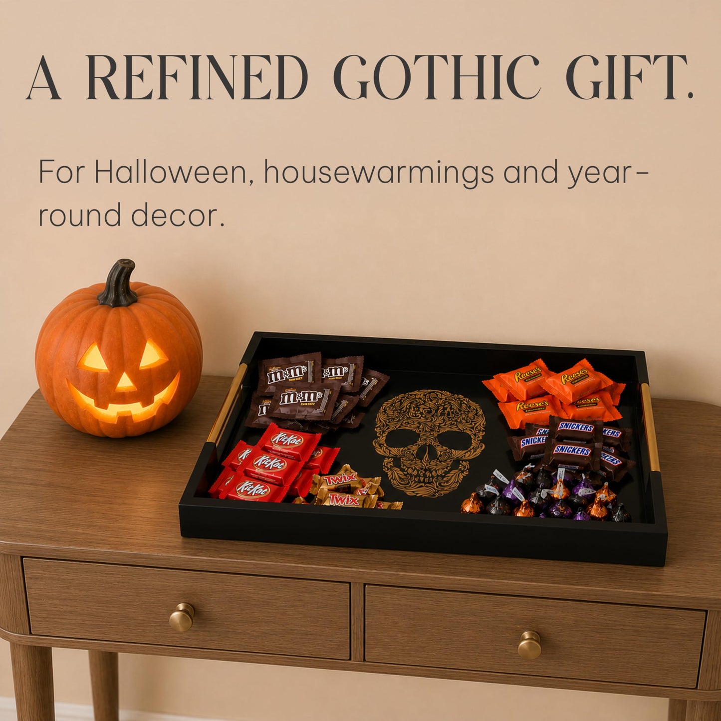 Death Decor Modern Serving Tray with Skull Design Gothic Ottoman Tray, Tea and Coffee Table Tray, Jewelry Bathroom Organizer, Gift, Christmas, Gloss Finish