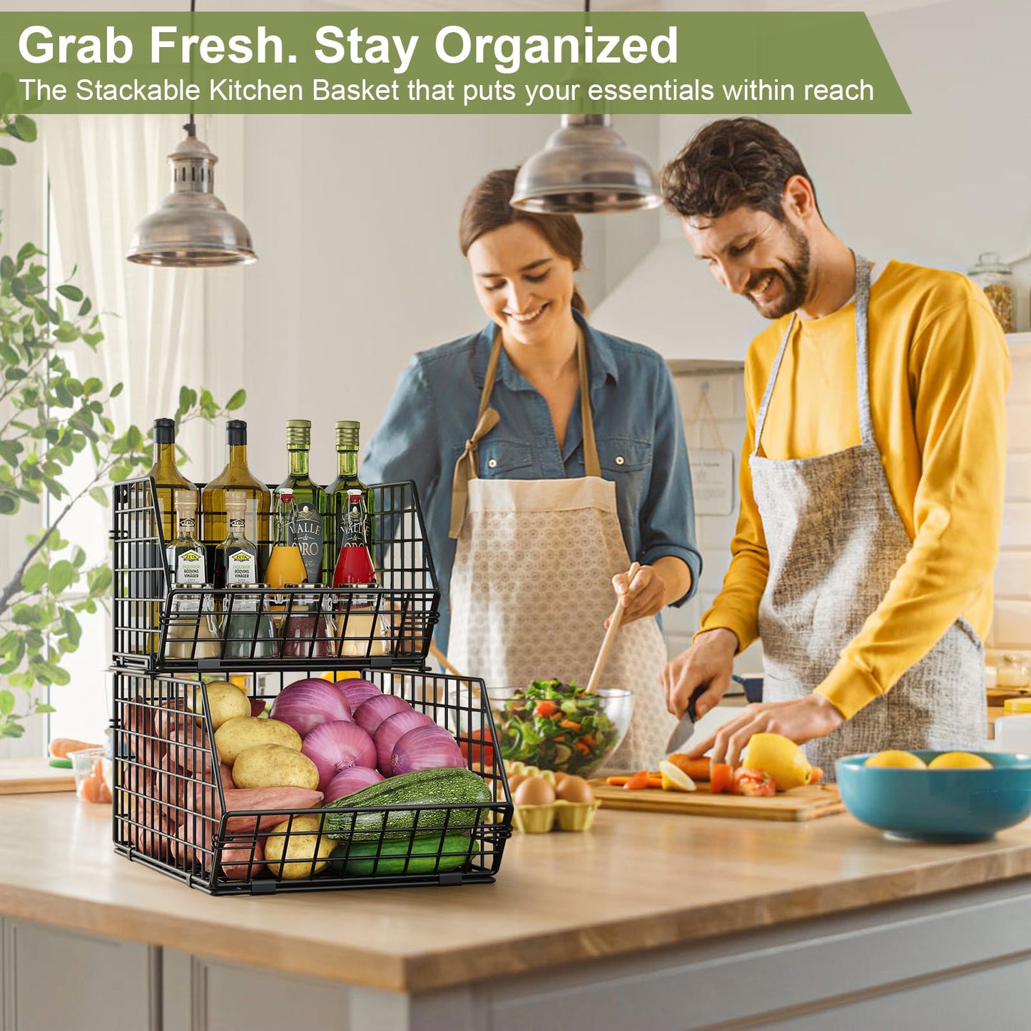 2-Tier Stackable Fruit Basket for Counter, Potato and Onion Storage Bin - Vegetable Basket for Kitchen, Wire Basket for Pantry Organizers- Metal Baskets for Snack Produce Can