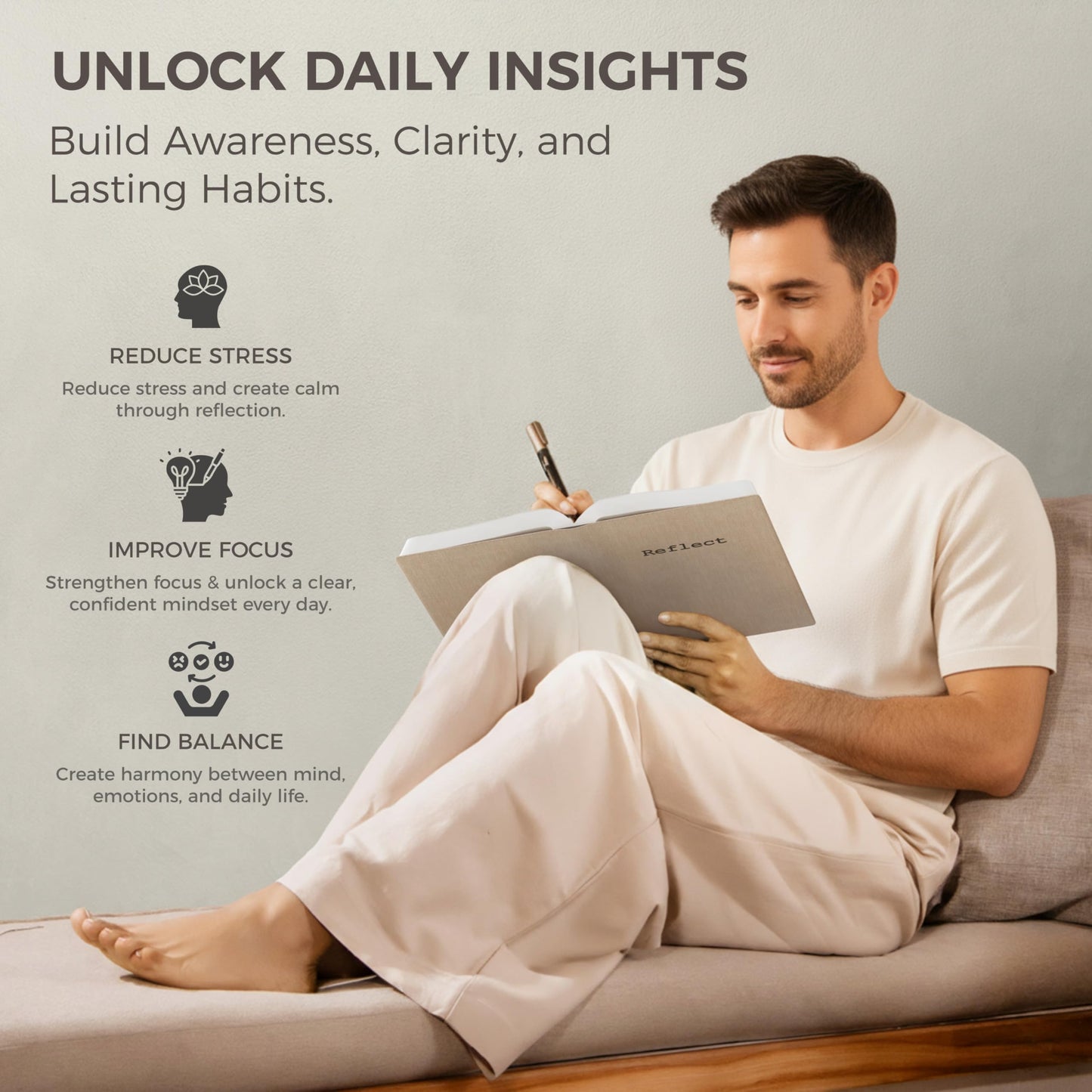 MindPanda Reflect - Guided Journal For Men & Women - Daily Journal for Deep Reflection, Mindfulness, Gratitude & Genuine Happiness - Habit & Mood Tracker - Premium Quality, Non Bleed