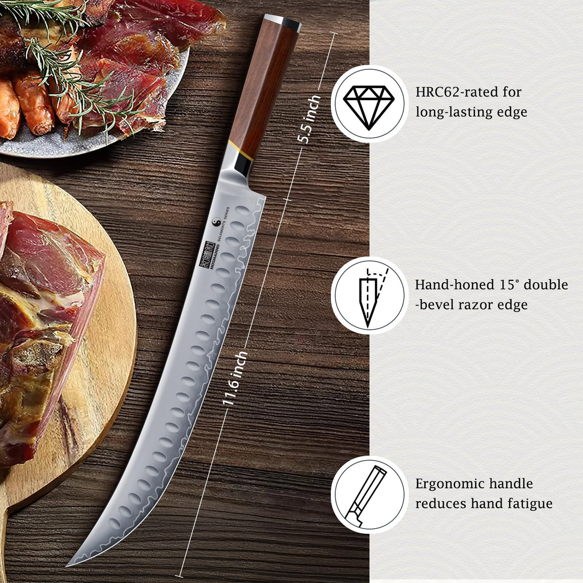 HOSHANHO Brisket Knife, 12 Inch Japanese High Carbon Steel Carving Slicing Knife with Ergonomic Handle, Razor Sharp Curved Butcher Breaking Knife for Meat Cutting