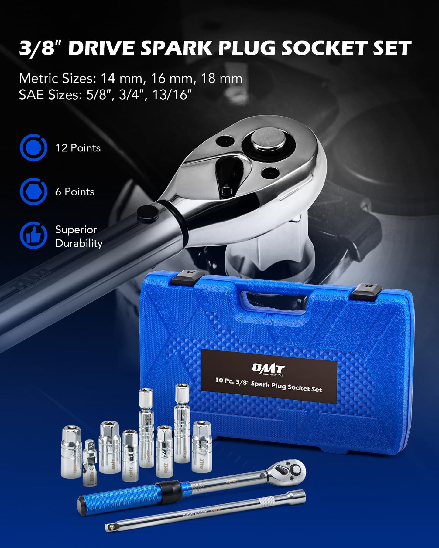 Orion Motor Tech 10pc 3/8 inch Drive Spark Plug Socket Set with 72 Tooth Click Torque Wrench, Magnetic Swivel Sockets, Universal Joint & Extension Bar, Cr-V Steel Spark Plug Removal Tool Kit