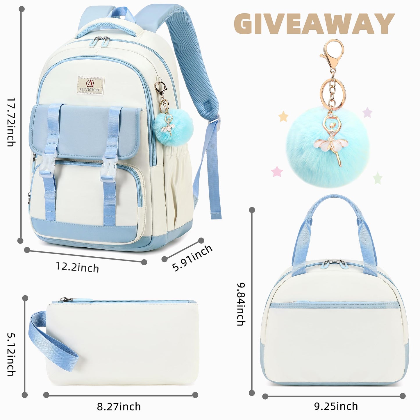 AO ALI VICTORY Laptop Backpack 16 Inch Kids Elementary Middle High School Bag College Backpacks Women Work Business Back Pack Travel Rucksack Large Bookbag for Teens Girls Womens Students,Blue Set