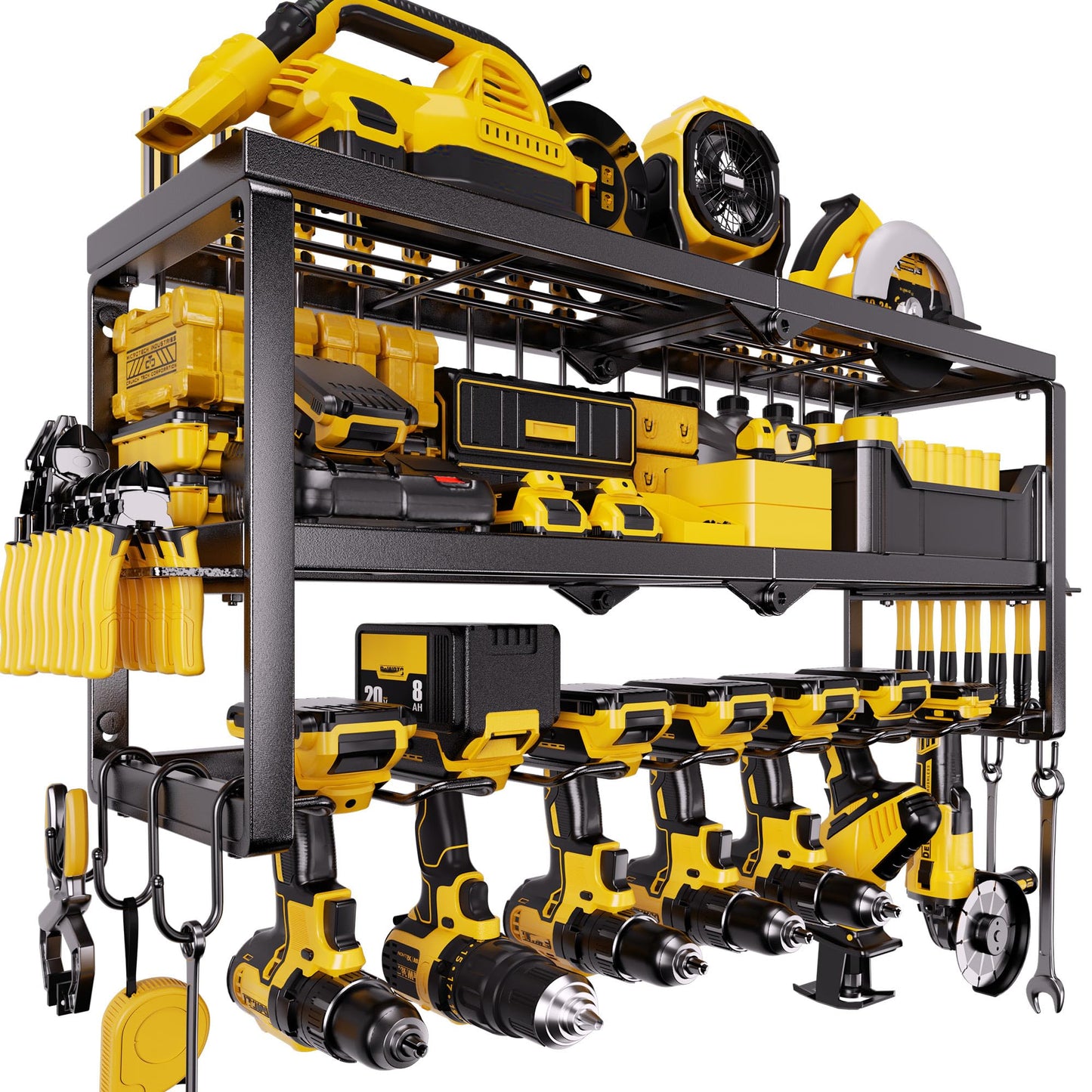 Amoowis All-in-One Wall Mount Tool Organizer for Garage, Heavy Duty 3-Layer Metal Tool Rack, 320LBS Capacity with 7 Cordless Drill Holders & Battery Storage, Fits Most Power Tools