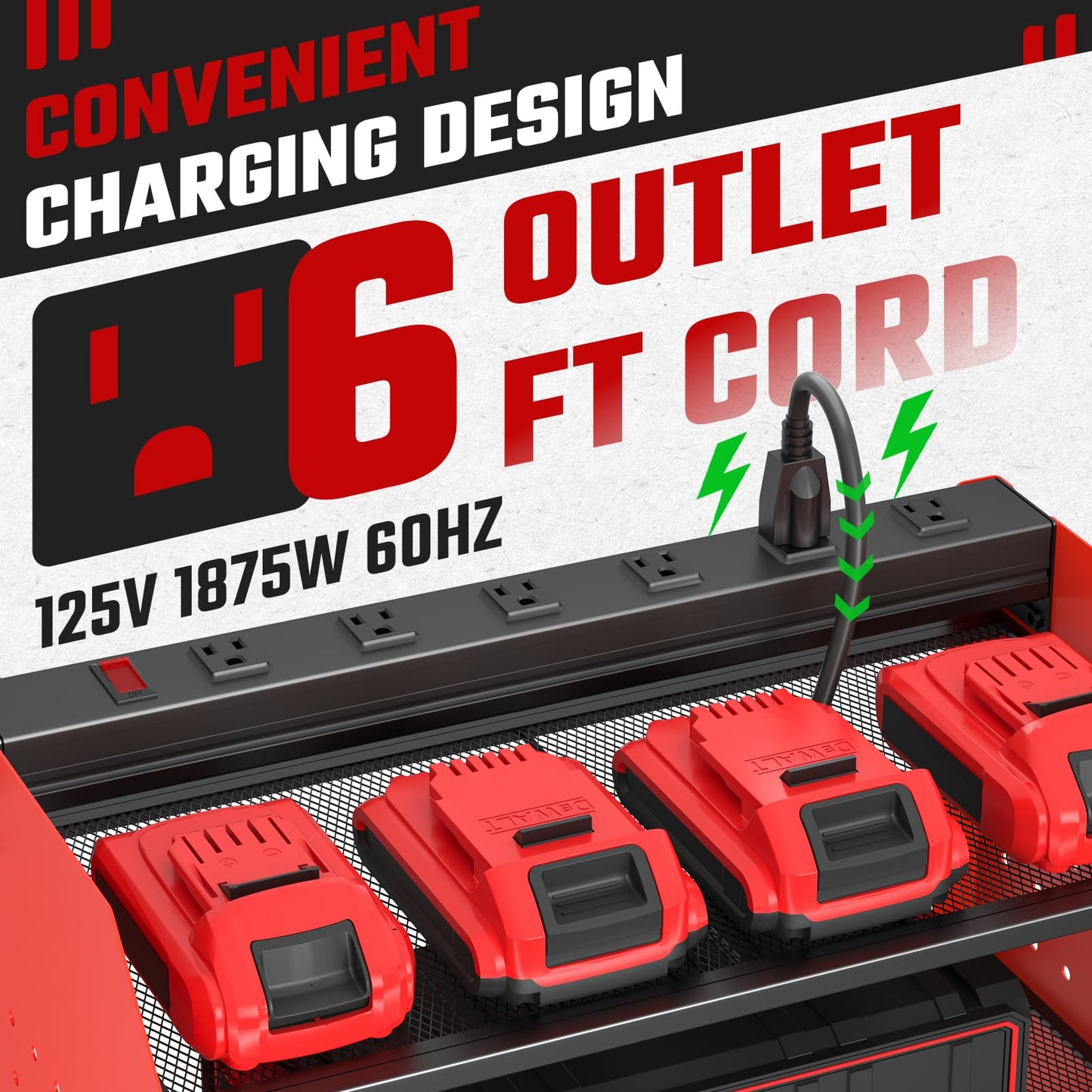 Power Tool Organizer with Charging Station, Heavy Duty 3 Layer Drill Holder Wall Mount Garage Shelf Rack with 6 Outlet Power Strip, Tool Shelf with Hooks, Drill Bit Rack for Garage, Red