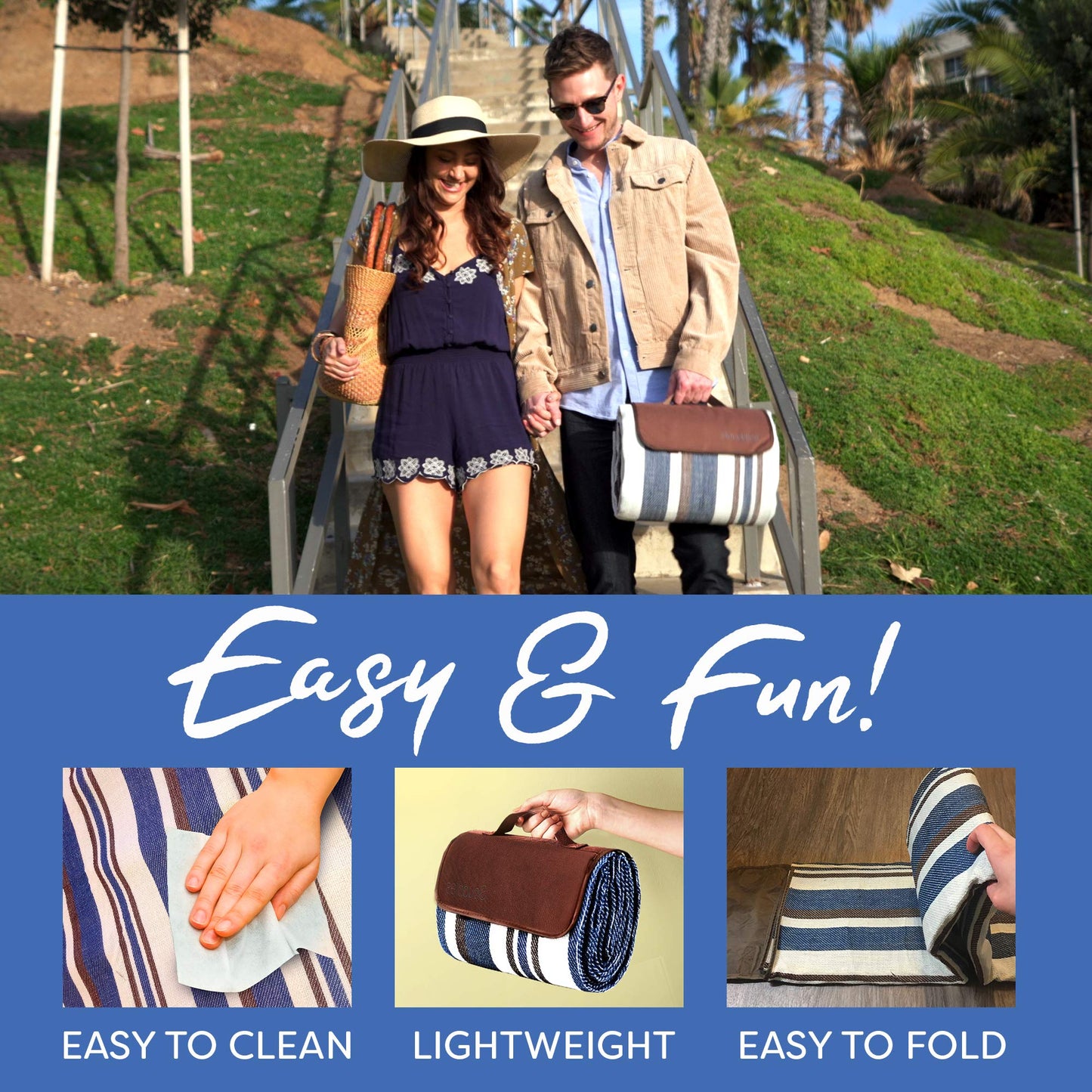 Extra Large Picnic & Outdoor Blanket Dual Layers for Outdoor Water-Resistant Handy Mat Tote Spring Summer Blue and White Striped Great for The Beach,Camping on Grass Waterproof Sandproof (SC-CM-01)