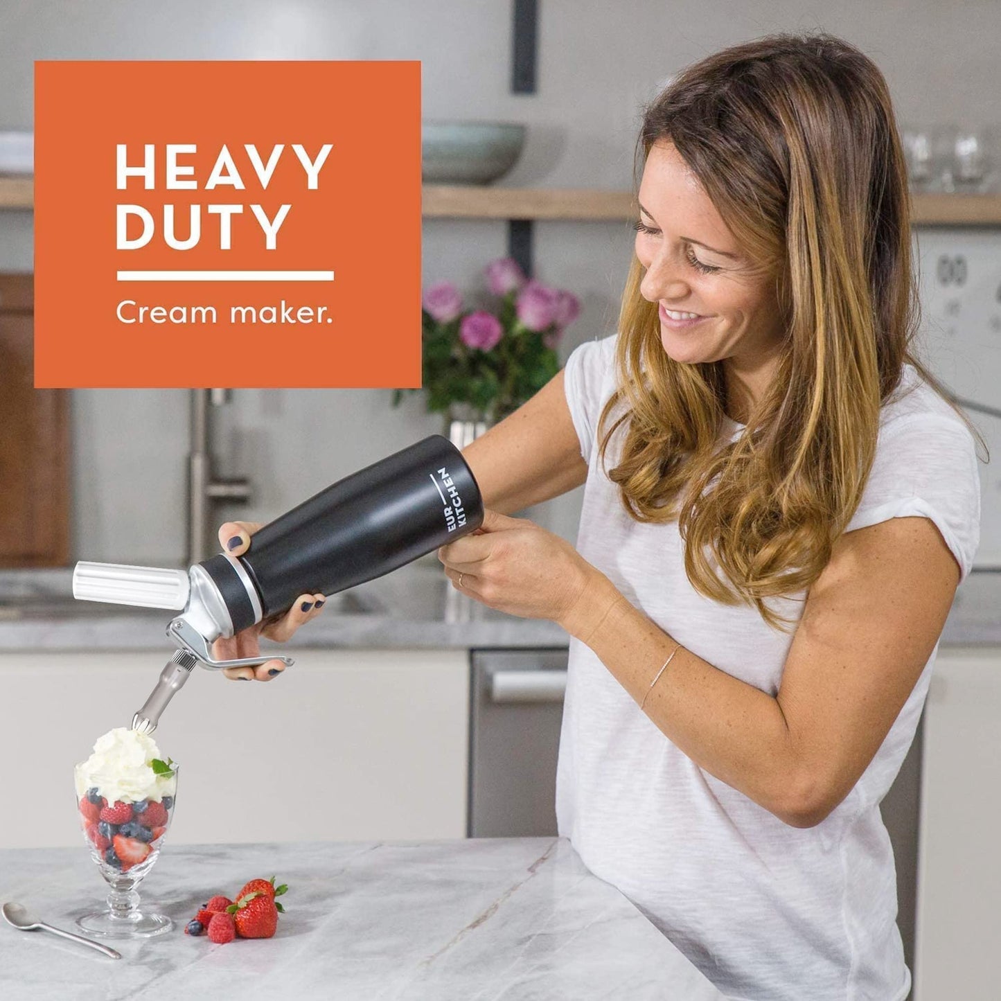 EurKitchen Professional Aluminum Whipped Cream Dispenser - Leak-Free Whip Cream Maker Canister with 3 Decorating Nozzles & Cleaning Brush - 1-Pint / 500 mL Whipper - N2O Chargers (Not Included)
