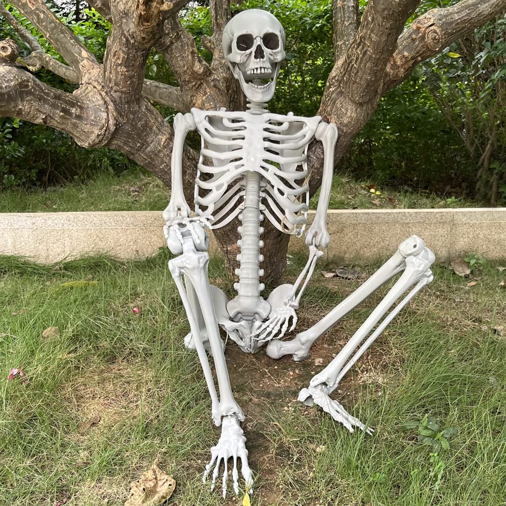 5.4Ft/165cm Halloween Life Size Skeleton Full Body with Movable Joints for Halloween Party Prop Scary Graveyard Haunted House Lawn Yard Decorations (Grey)