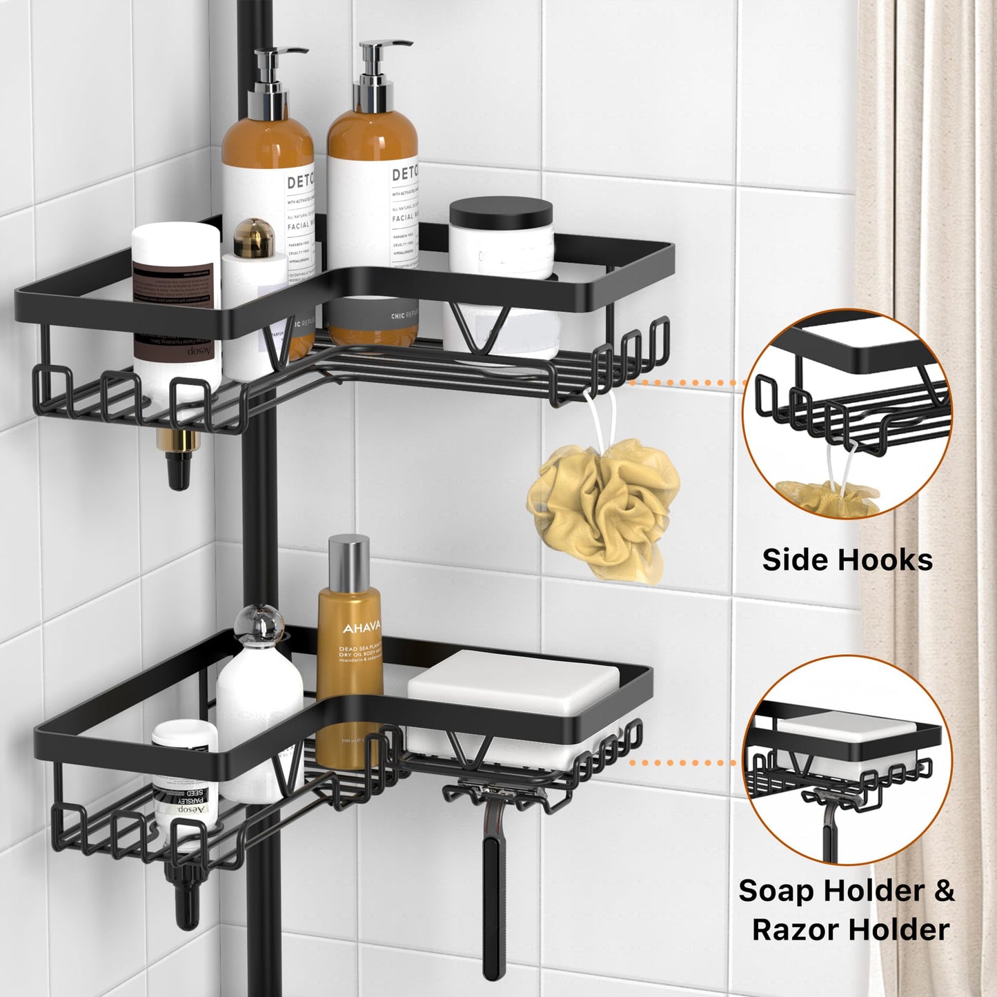 KEGII 6-Tier Corner Shower Caddy Tension Pole - Shower Tension Rod Organizer, Floor to Ceiling Shower Caddy 25-114.2 inch, Black