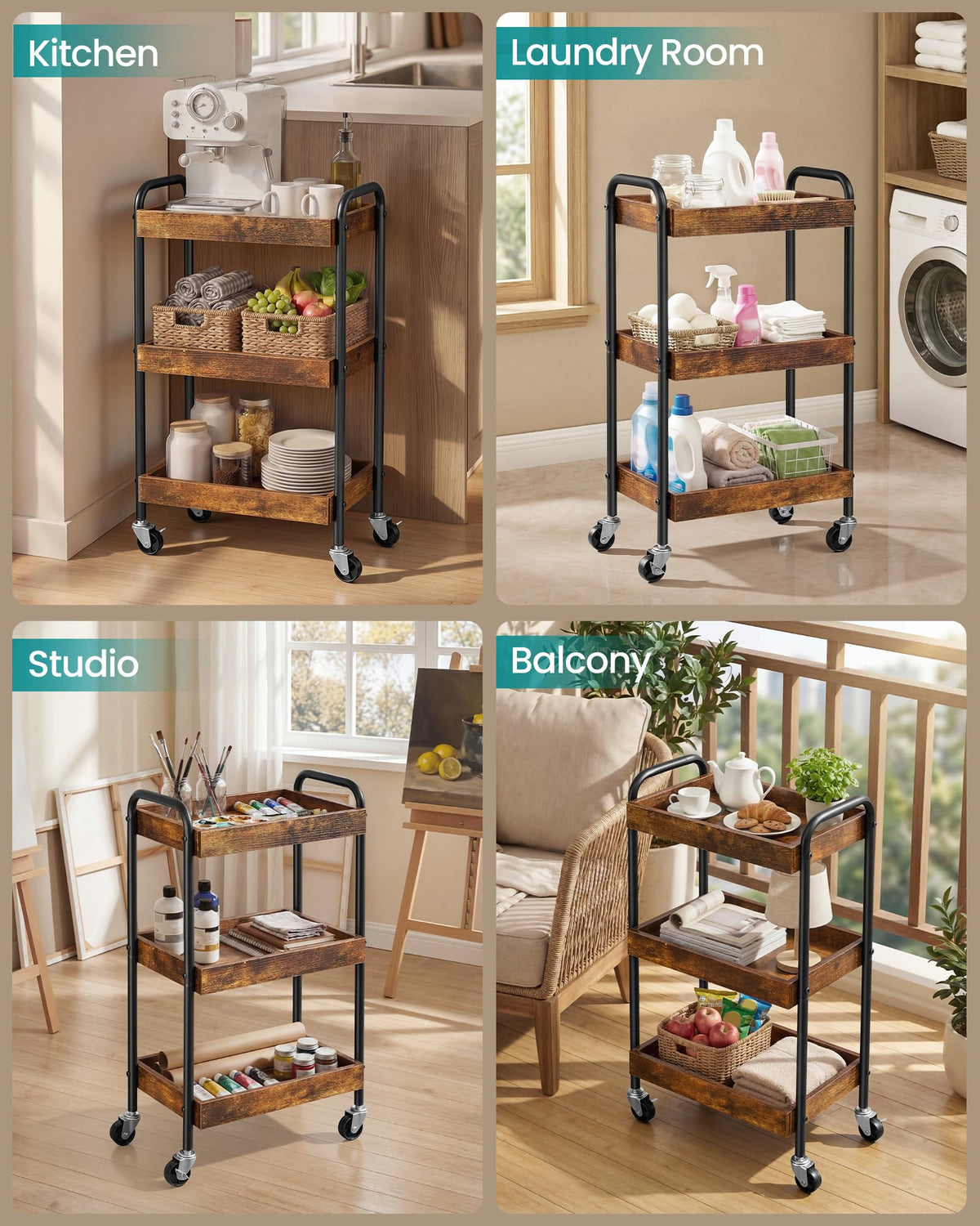 SONGMICS 3-Tier Rolling Cart on Wheels, Kitchen Storage Utility Cart for Bedroom, Bathroom, Study, MDF Shelves with Metal Frame and Handles, 27.5 x 41.3 x 73 cm, Rustic Brown ULRC081KD01