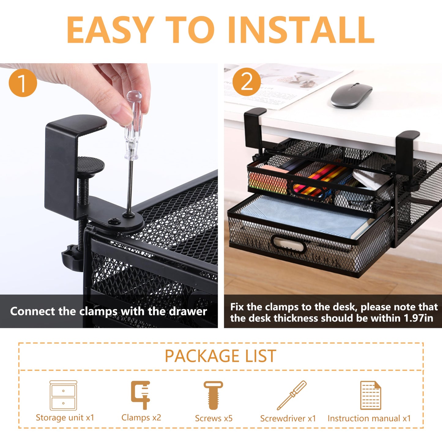 ROLIZOE Under Desk Drawer Organizer Clamp On with 2 Drawers Slide Out No Drilling Mesh Metal Drawer On Desktop Or Under Desk Storage Easy Install Anti-Slip Under Shelf Storage for Home & Office