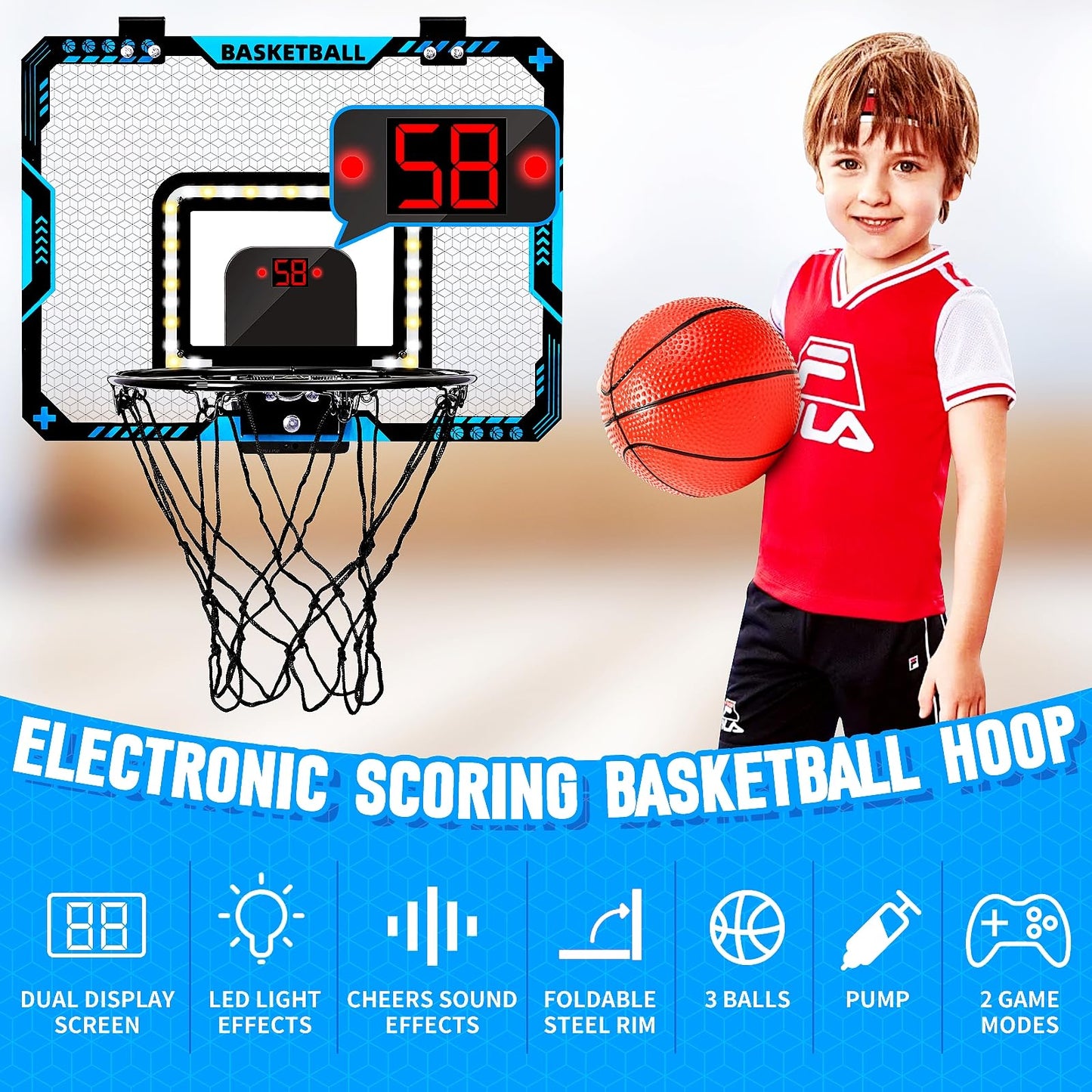 BATURU Indoor Mini Basketball Hoop with Interactive LED Lighting & Electronic Scoreboard, Over The Door Basket Ball Hoops with 3 Balls and Pump, Sports Toys Gifts for Boys 5-12 Kids, Teens