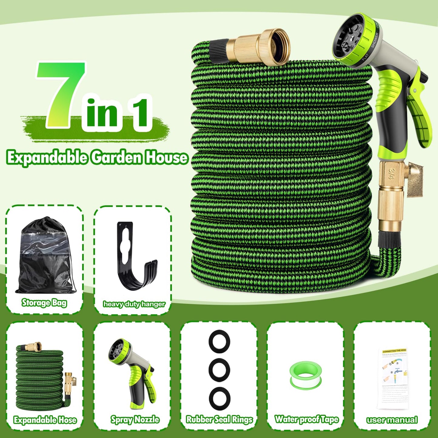 Lachesis Expandable Garden Hose, 50ft Retractable Water Hose Flexible Garden Hose with 10 Function Nozzle, 3/4" Solid Brass Fittings and 3-Layers Latex, 50ft Kink Free Lightweight Leakproof Pipe