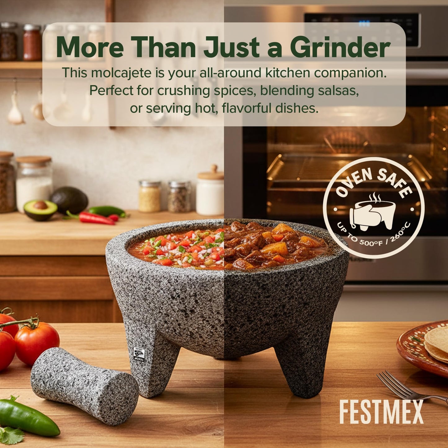 Genuine Handmade Mexican Mortar and Pestle, Molcajete de Piedra Natural Volcanica Stone, Heavy & Durable, Perfect for Homemade Salsas, Guacamole, and other Molcajete Plates | Made in Mexico (8 Inches)