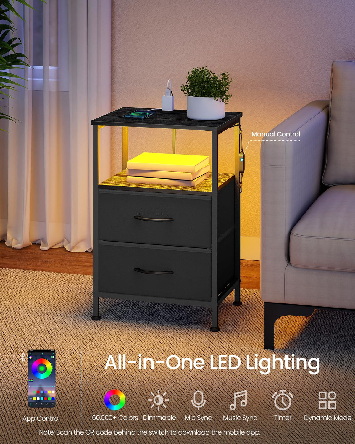 SONGMICS BELLAH Collection - Nightstand with Charging Station and APP-Controlled Adjustable LED Lights, Bed Side Table, 2 Drawers and Open Shelf, Bedroom, Ink Black and Ebony Black ULGS302BH04