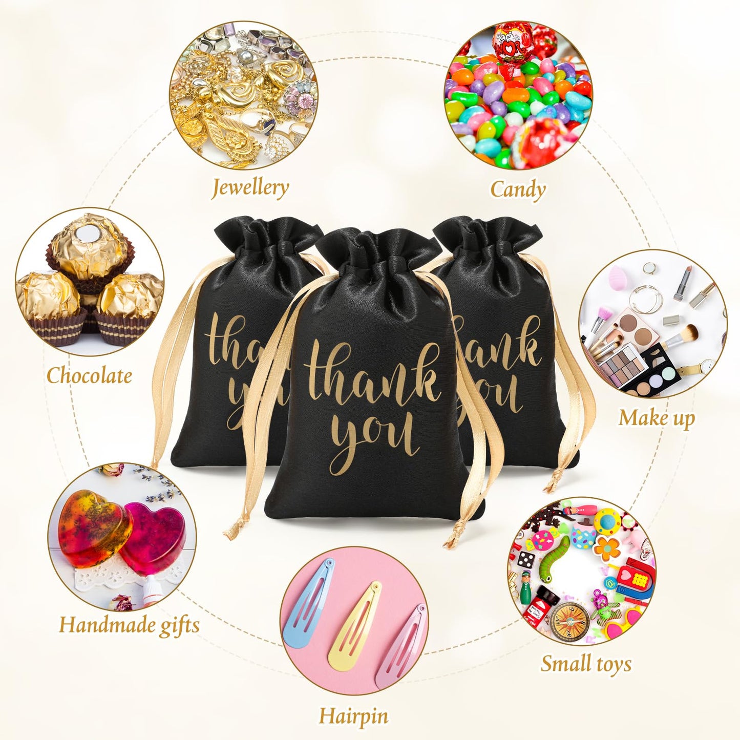 Roowest 100 Pcs Thank You Satin Gift Bags Drawstring Jewelry Candy Pouches for Wedding Bridal Shower Baby Shower Favor Drawstring Bag for Birthday Holiday Party(6 x 9 Inch,Black)