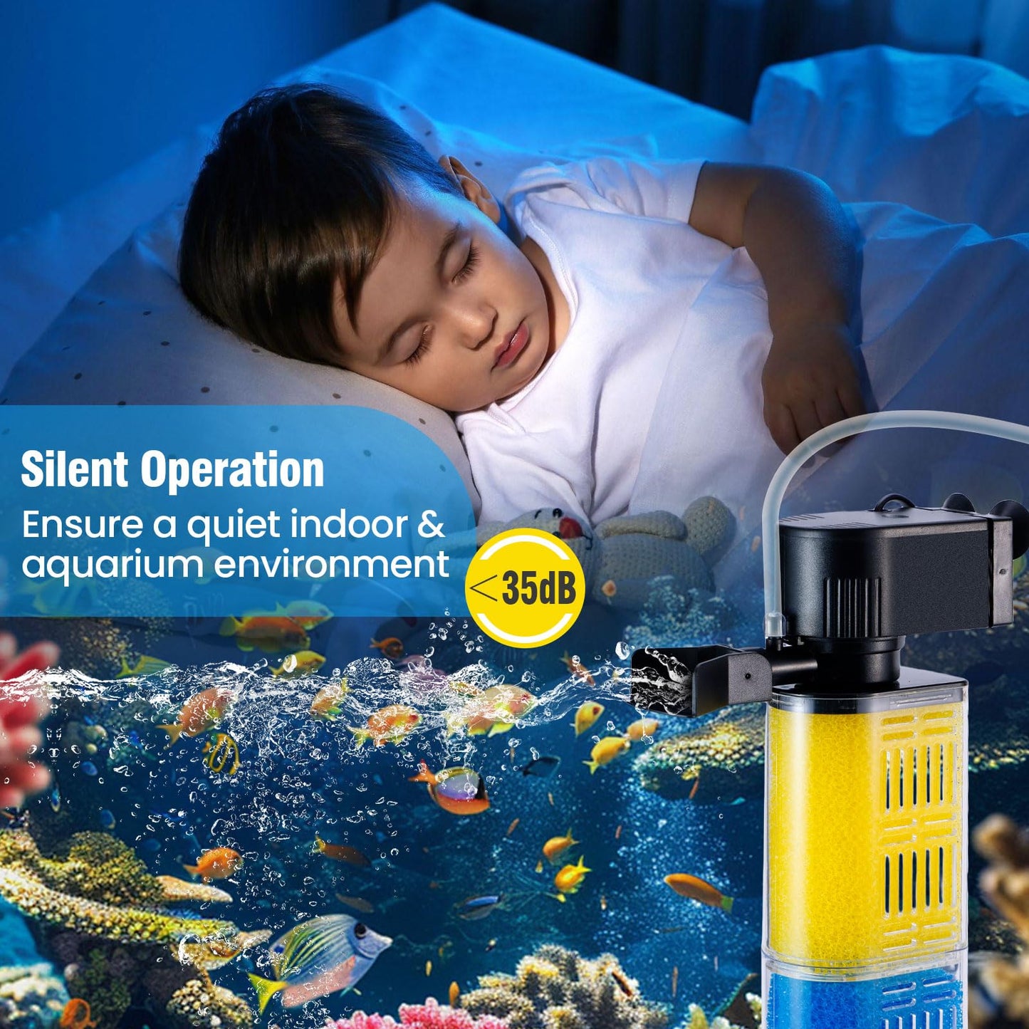 Aquarium Filter for 30-100 Gallons, Ultra-Quiet Fish Tank Filters Biochemical Filtration 400GPH Powerful Pump Submersible Sponge Filter for Large Fish & Turtle Tanks Water Clear Air Supply