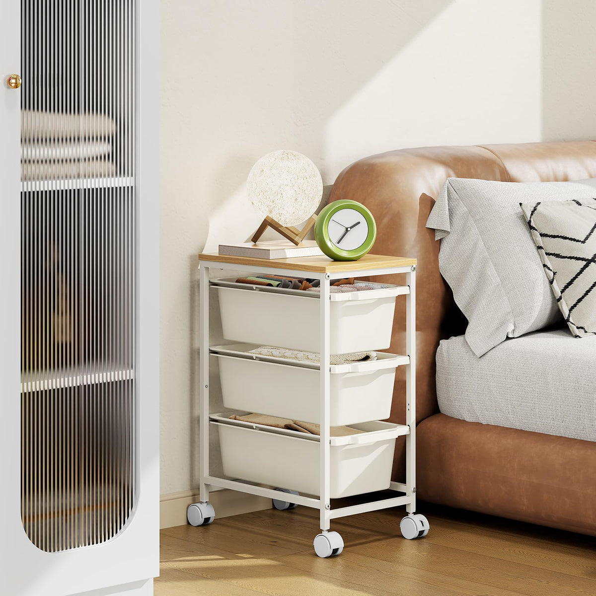 Rolling Storage Cart with 3 Drawers, Craft Organizer, Wooden Tabletop Utility Cart for Bedroom, Children's Room and Office Organization, Under Desk Trolley with Lockable Wheels, White