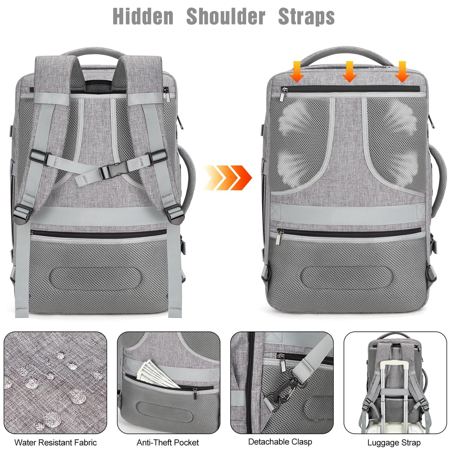Tzowla 40L Expandable Travel Laptop Backpack for Men Women Carry on Flight Approved,Large Capacity Anti Theft Backpacks with USB/Type C Charging Port,Personal Item Bag Fit 17.3"Computer（Grey)
