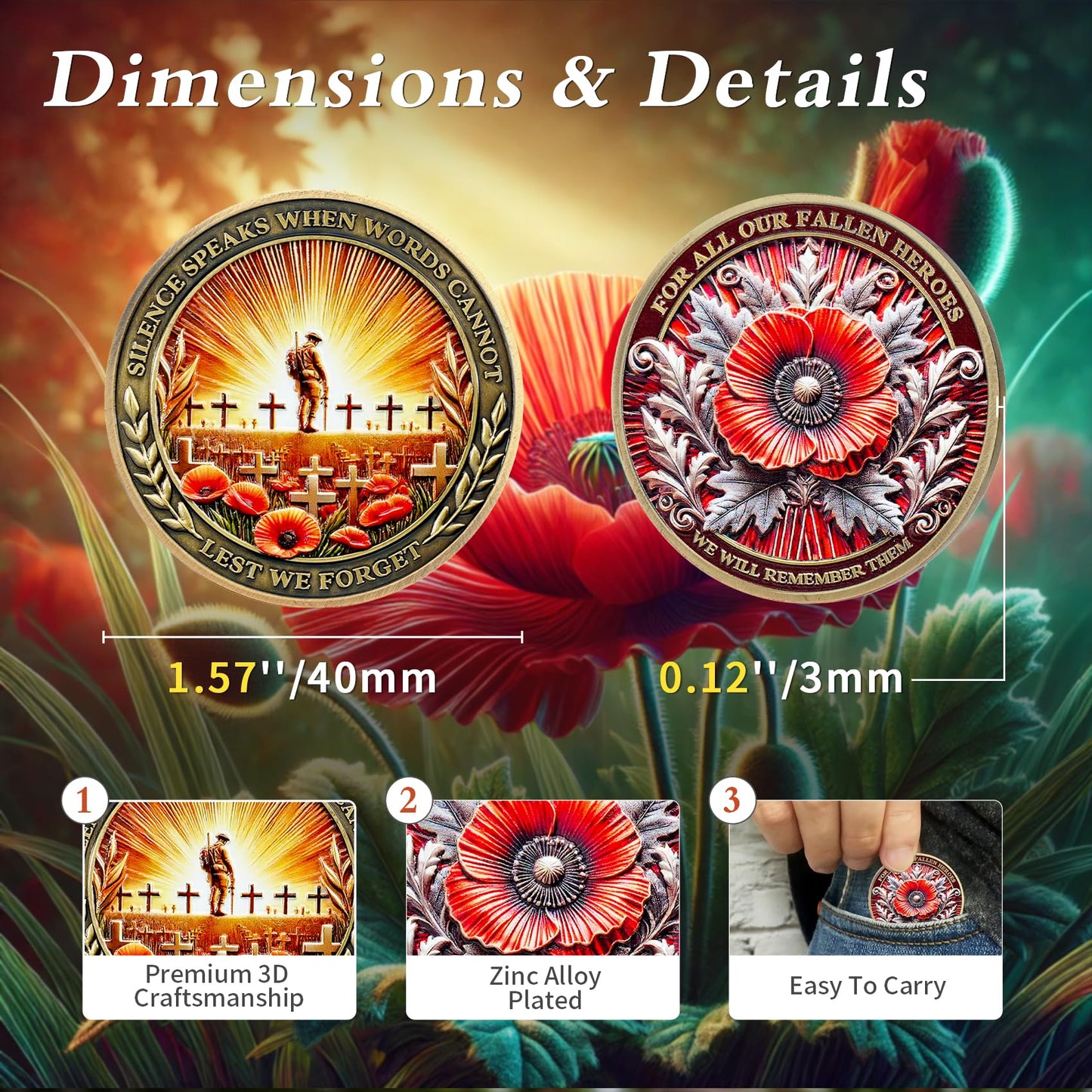 IELCJJ Poppy Military Challenge Coin - Memorial Coin Honoring Fallen Heroes with Poppy and Cross - Veterans Challenge Coin - Patriotic Military Memorabilia Gift (5 PCS)