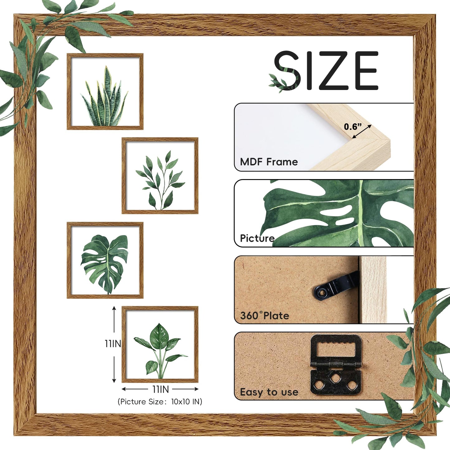 ArtbyHannah Framed Botanical Bathroom Wall Art Decor, 10x10 Inch 4 Pack Acrylic Sage Green Prints Set, for Spa & Farmhouse Decor for Bath, Restroom, Bedroom, Office Decoration (Walnut)
