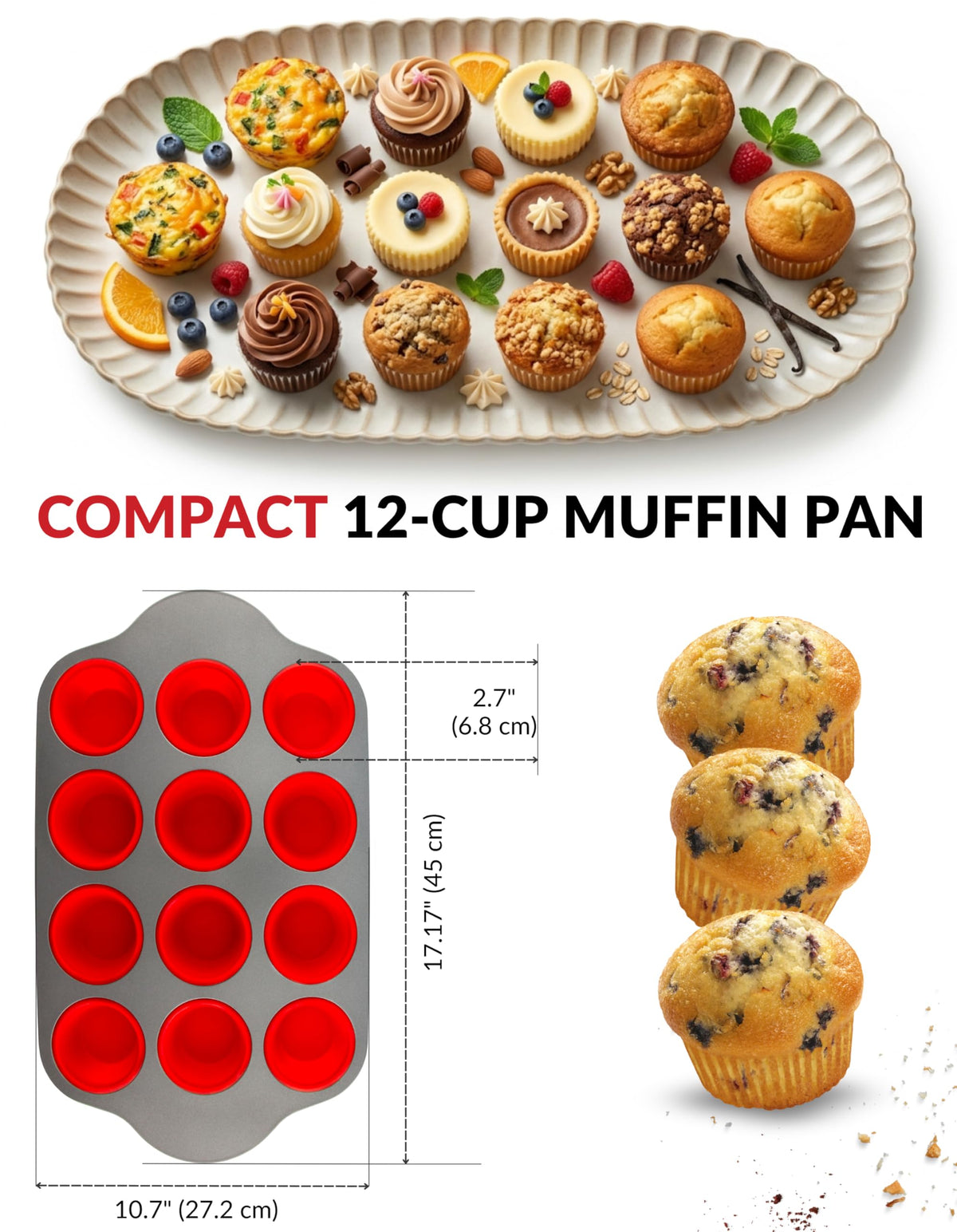Non-Stick 12 Cup Silicone Muffin Pan with Steel Frame - BPA Free Non-Toxic Cupcake Pan with Easy-Release Textured Surface, Ergonomic Handles, Oven Freezer and Dishwasher Safe Bakeware