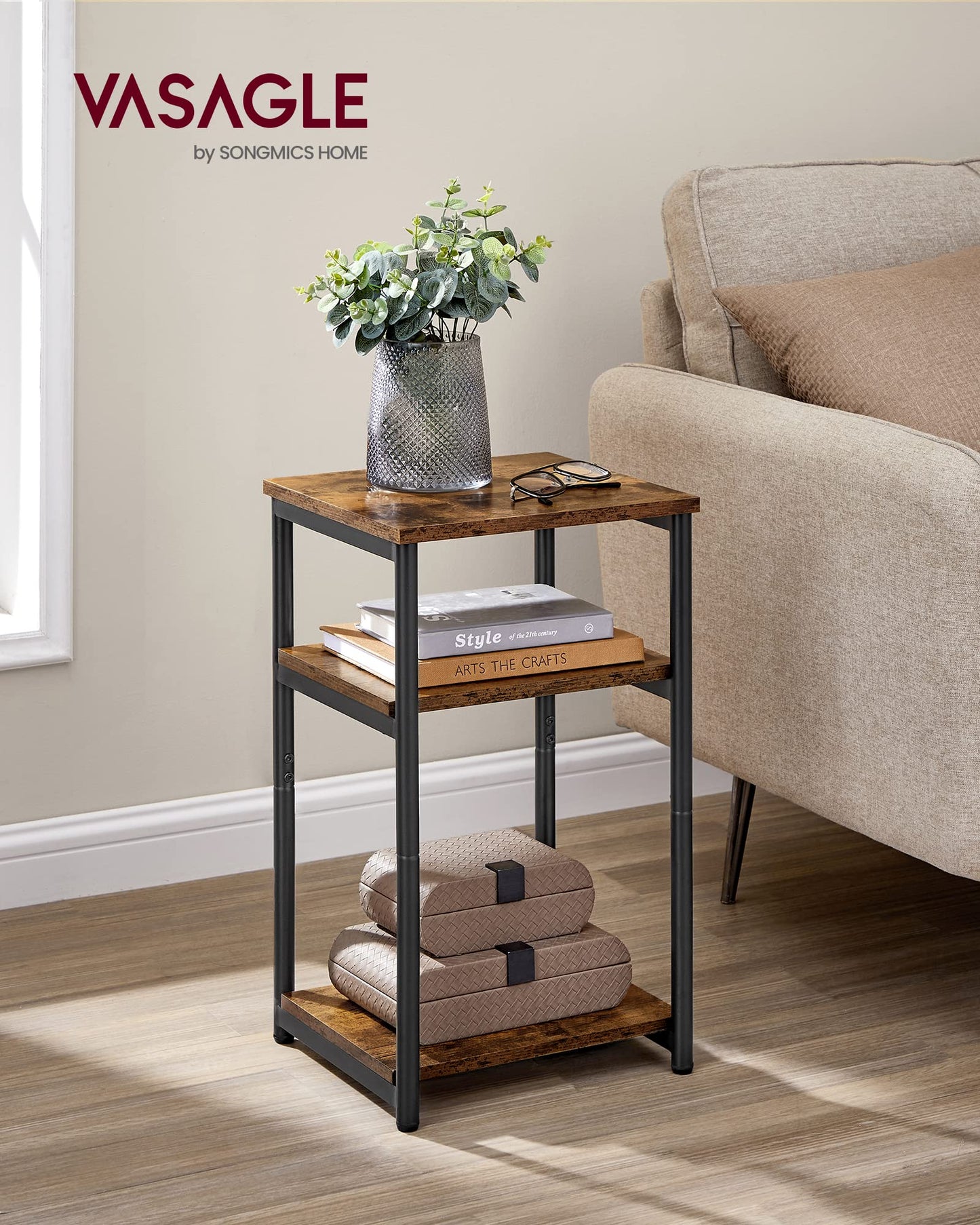 VASAGLE Side Table, End Table with Storage Shelves, 3-Tier Slim Tall Table, Rustic Brown ULET273B01