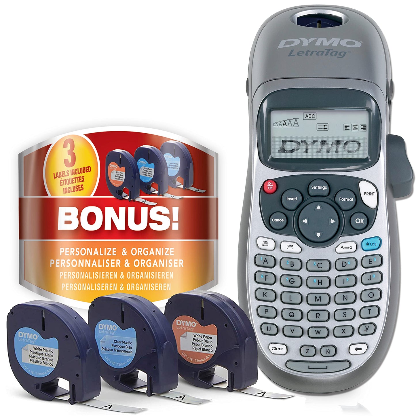 DYMO Label Maker with 3 Bonus Labeling Tapes, LetraTag 100H Handheld Label Maker & LT Label Tapes, Easy-to-Use, Great for Home & Office Organization