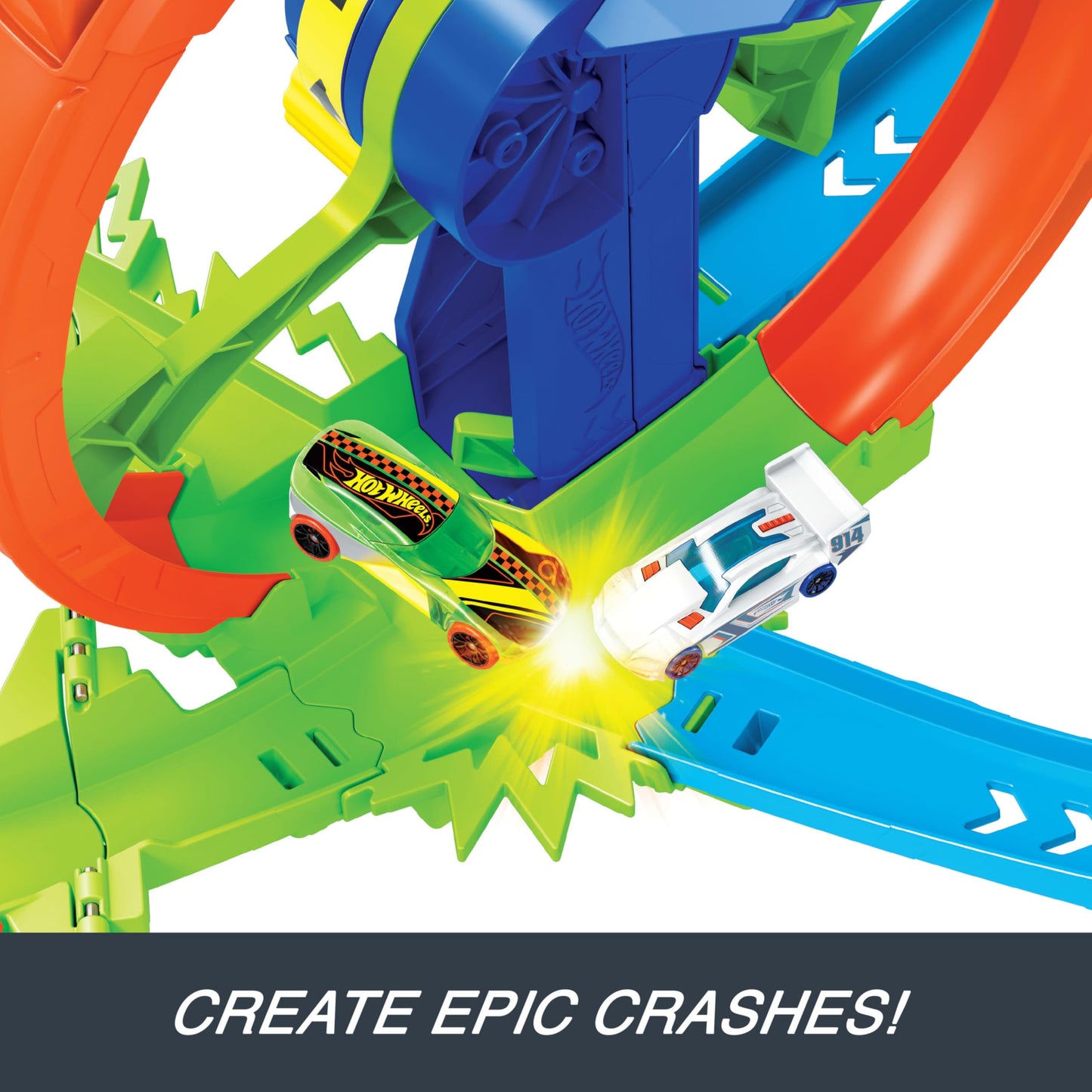 Hot Wheels Toy Car Track Set, Launch and Loop Playset & 1:64 Scale Die-Cast Vehicle, Crash Area on Figure 8 Track with Loop-Kicker Booster