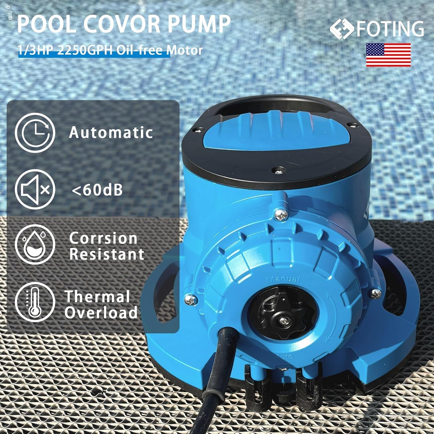 2025Upgraded 1/3 HP Automatic Swimming Pool Cover Pump 2250 GPH Submersible Water Pump, Water Removal with 3/4” Check Valve Adapter & 25ft Power Cord, Drainage for Ponds, Rooftops, Water Beds
