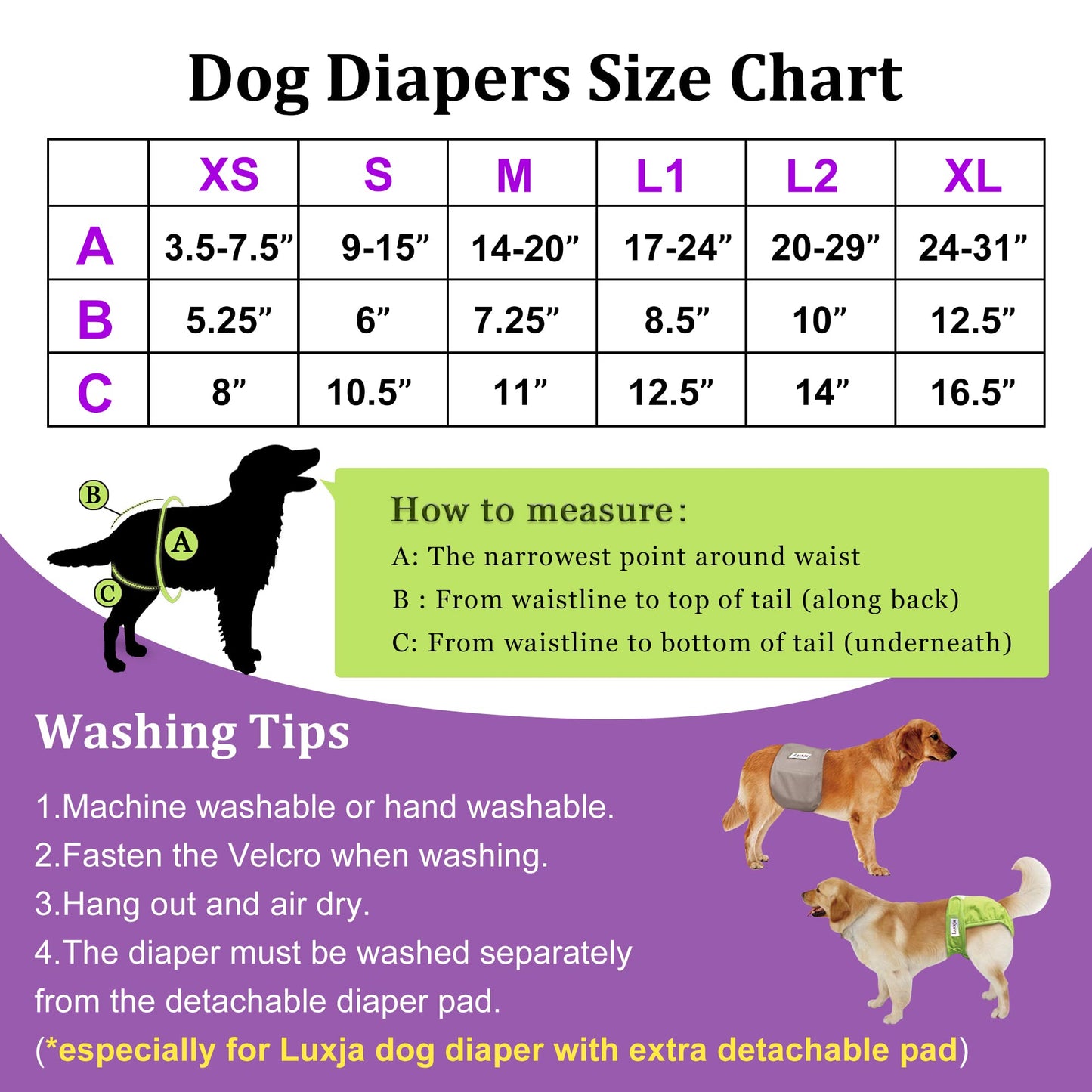Luxja Reusable Female Dog Diapers with Detachable Diaper Pads (Pack of 4), Washable Dog Wraps Hygiene Nappies for Female Dog,(Gray + Green + Purple + Rose Red), L2