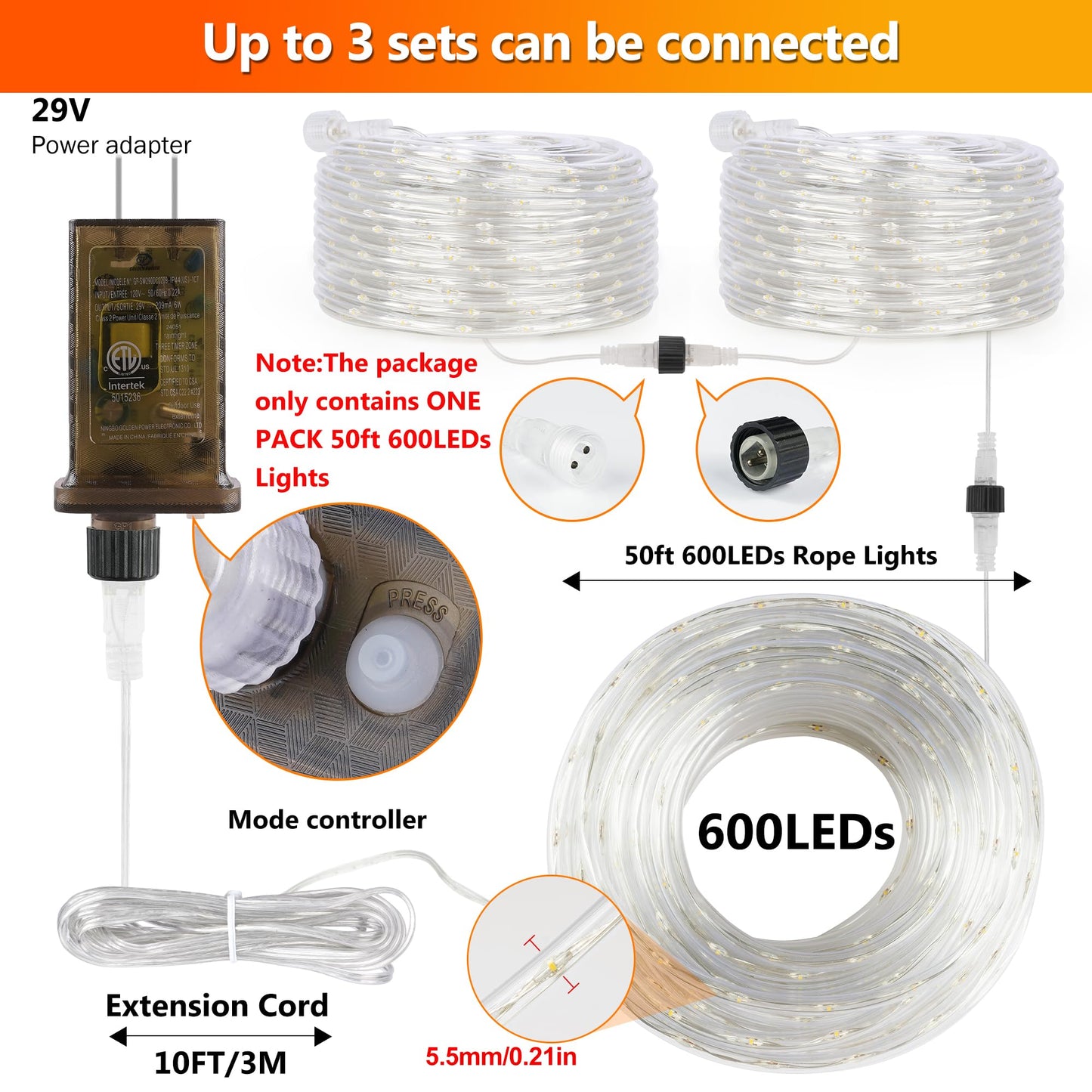50ft 600 LED Rope Lights Outdoor, 0.21 Inch Diameter, Connectable Warm White Strip Lights Plug in, String Lights Waterproof Decorative Rope Lighting for Deck Patio Backyard Garden Camping Room Indoor