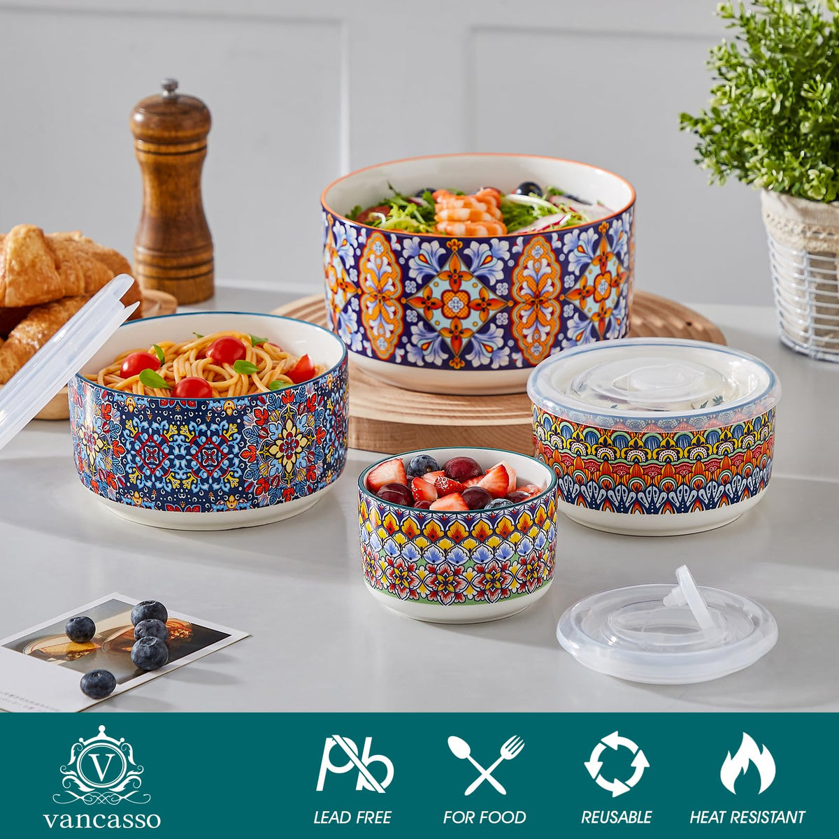 vancasso Mixing Bowls with Lids Set of 4, Ceramic Nesting Bowls Serving Bowl for Food Storage, Microwave and Dishwasher Safe, 1800/1080/600/300 ML, Series SIMI
