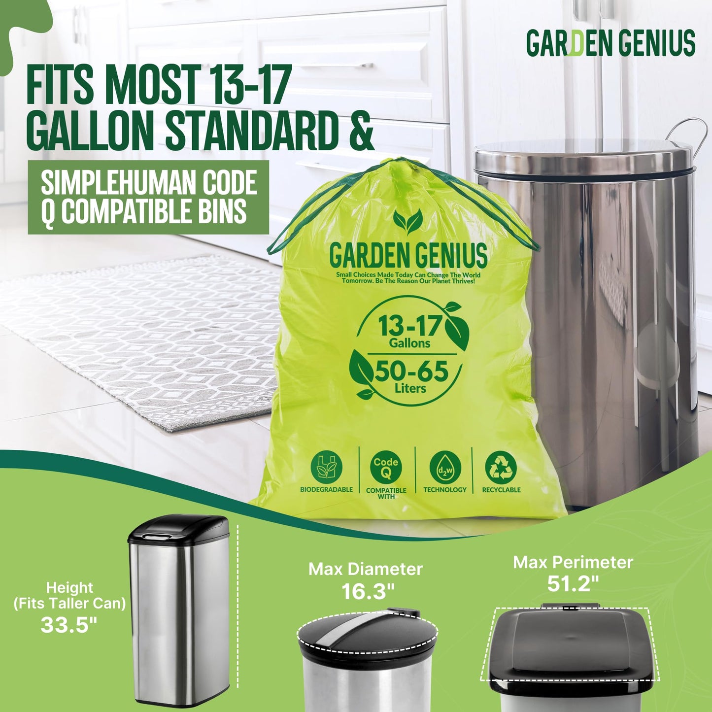 Biodegradable 13-17 Gallon Code-Q Kitchen Waste Bags (50 Pack) | Strong Heavy-Duty Tall Trash Bags w/Drawstring | Fits Simplehuman & Standard Cans | Eco-Friendly D2W, 30 Micron Thick | 25.6" x 33.5"